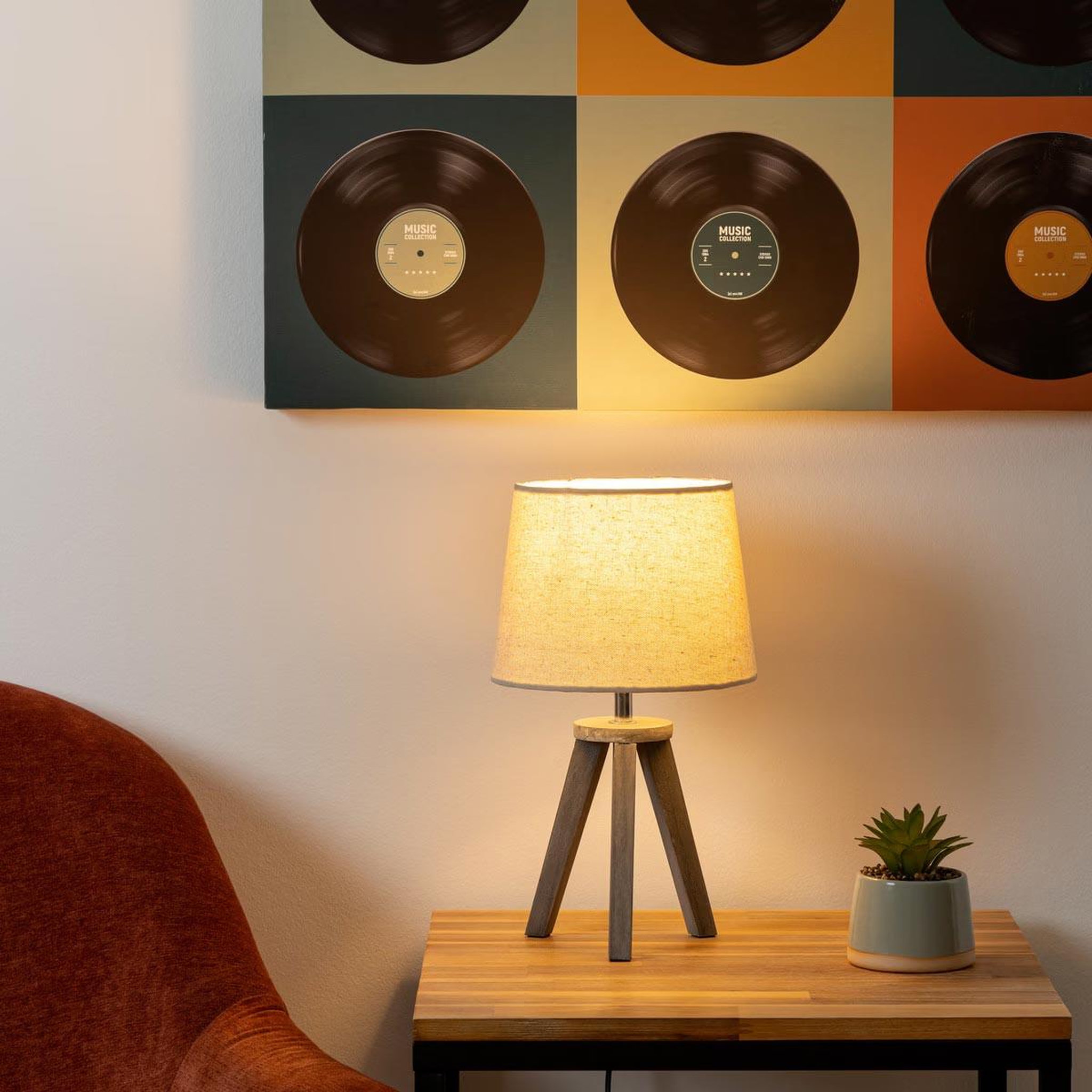 Voir la diapositive 2 : ATMOSPHERA Lampe à poser trépied en bois  alexis  31cm lin