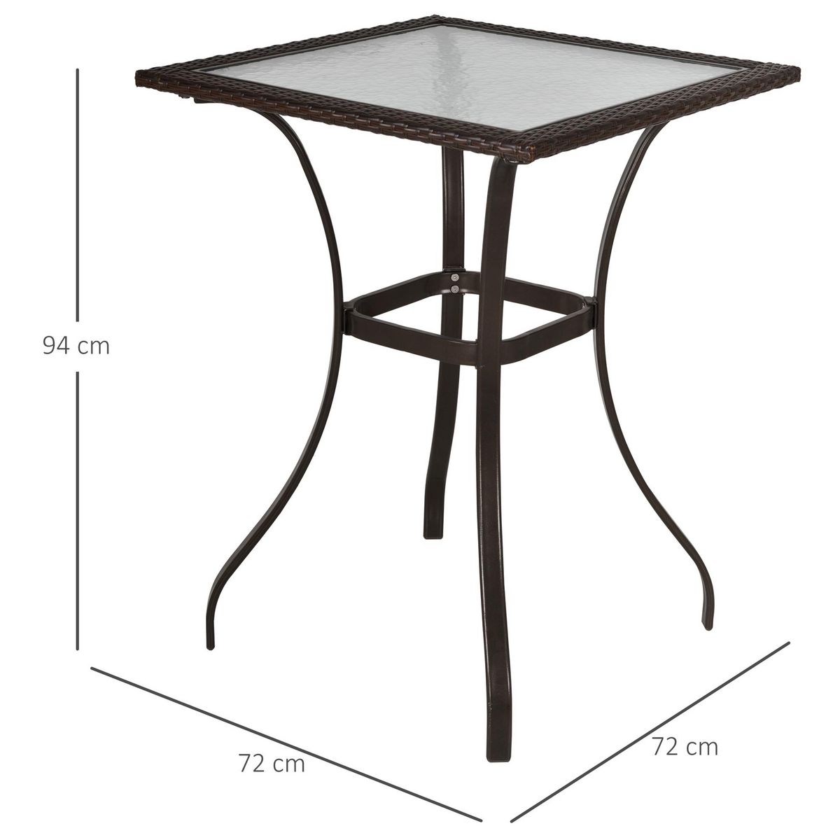 OUTSUNNY Table carrée bistro de jardin dim. 72L X 72l x 94H cm métal époxy résine tressée chocolat plateau verre trempé