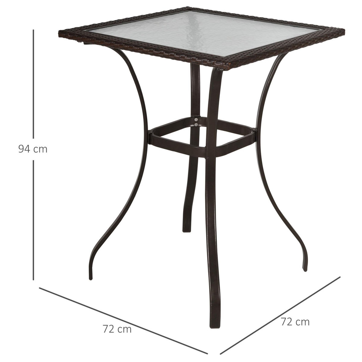 OUTSUNNY Table carrée bistro de jardin dim. 72L X 72l x 94H cm métal époxy résine tressée chocolat plateau verre trempé