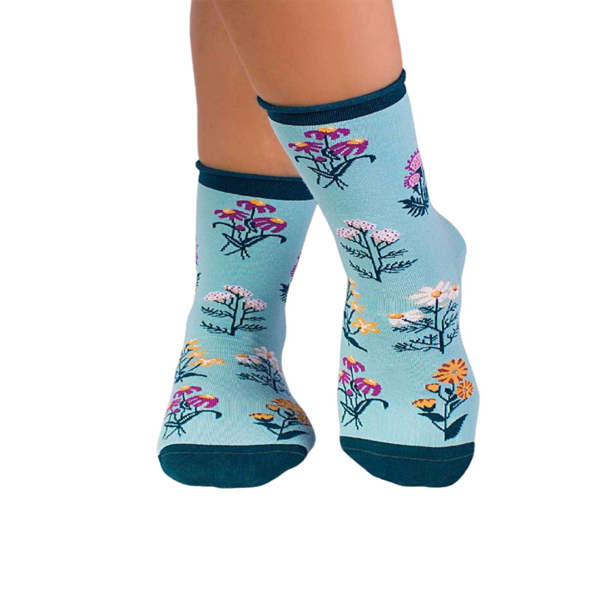 PIRIN HILL Chaussettes coton bio fleurs & herbes - menthes. Coloris disponibles : Vert