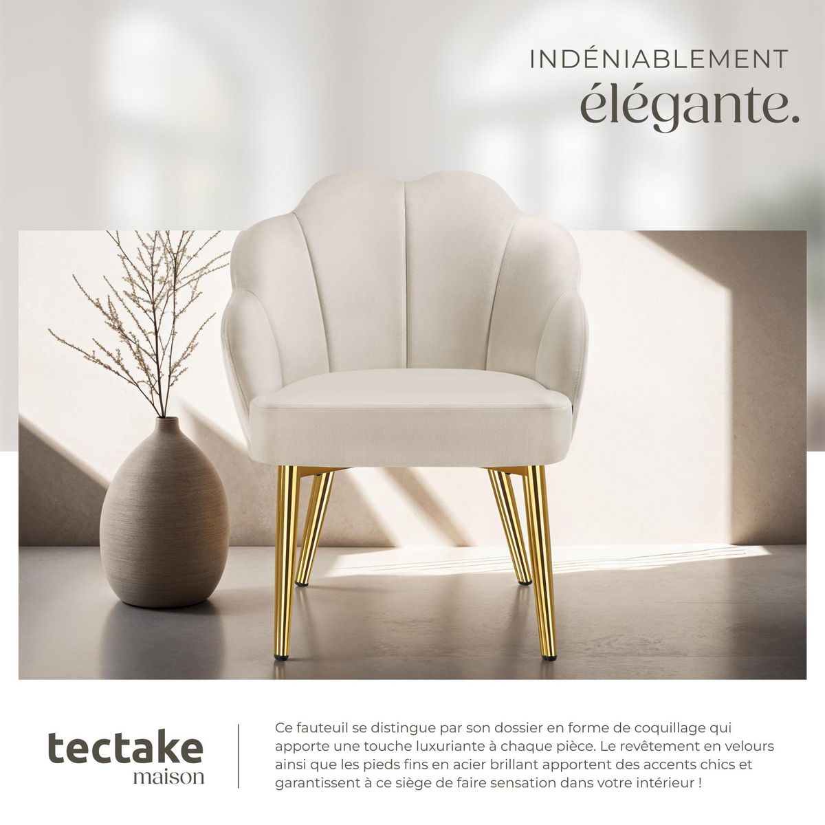 tectake Fauteuil cocktail rembourré en velours crème/or Lot de 2
