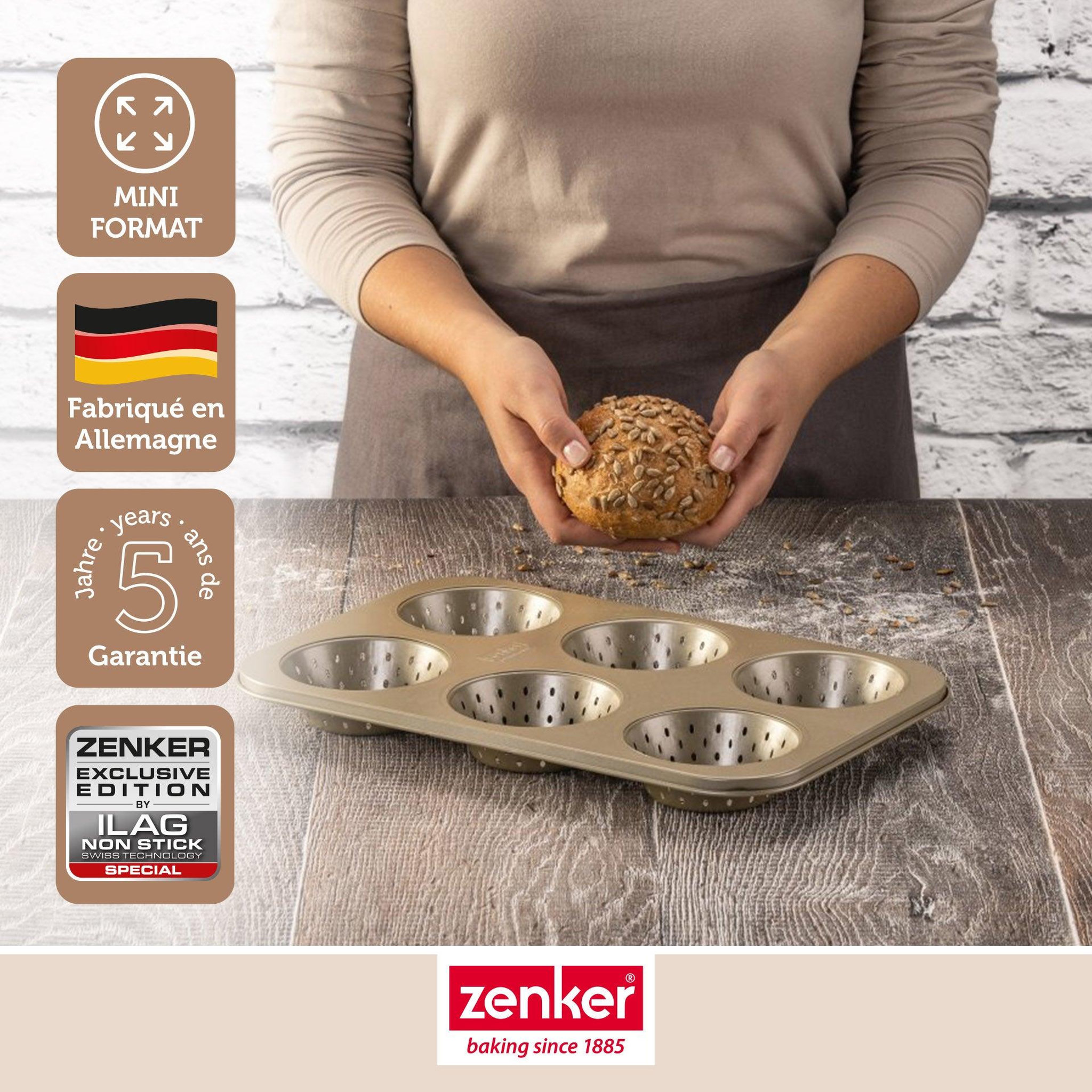 Voir la diapositive 2 : ZENKER Ensemble de 2 moules à petits pains individuels ronds 6 empreintes 33 x 22 cm zenker mojave gold