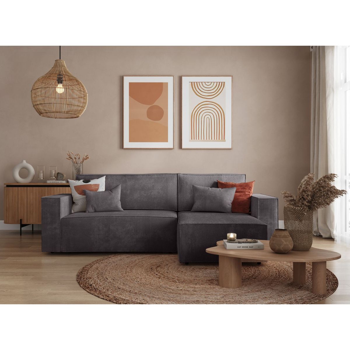 Canapé d'angle convertible réversible 3 places velours côtelé DAPHNE