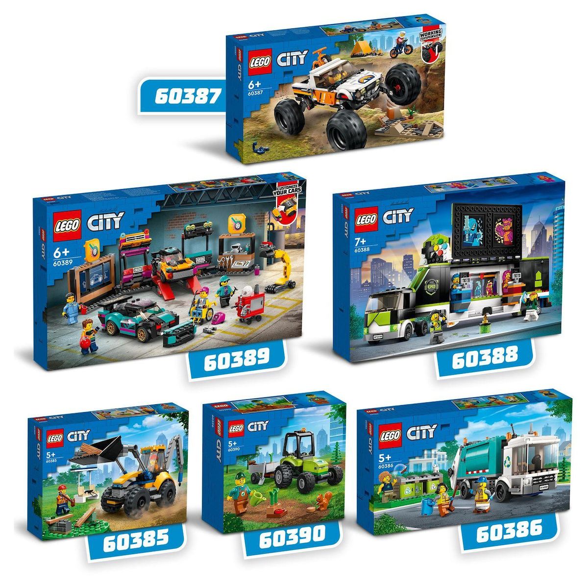 LEGO City 60389 Le garage de customisation, Jouet avec 2 Voitures, Atelier Automobile et 4 Minifigurines