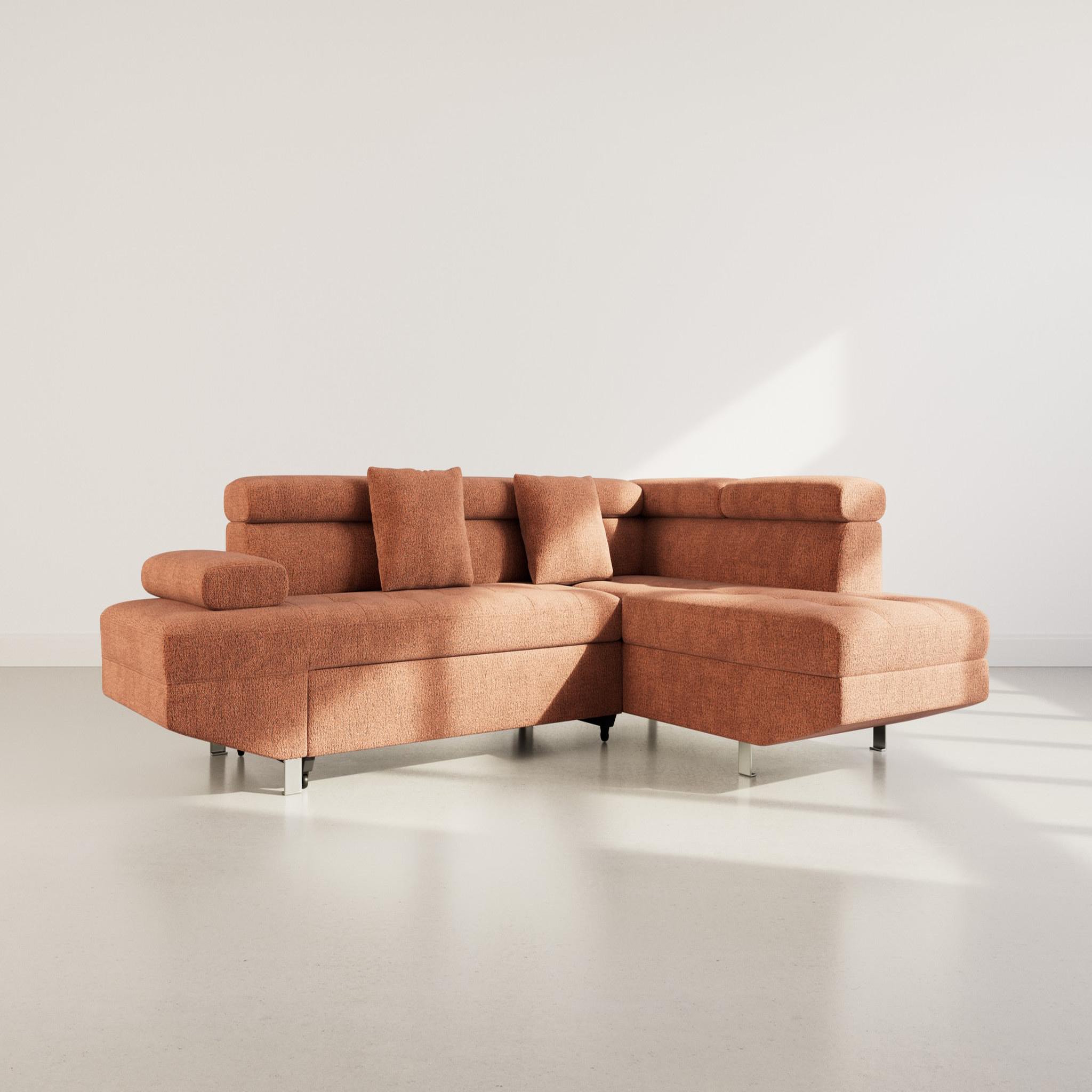 BEST MOBILIER Margaux - canapé d'angle droit 5 places convertible avec coffre et têtières réglables en velours texturé. Coloris disponibles : Beige