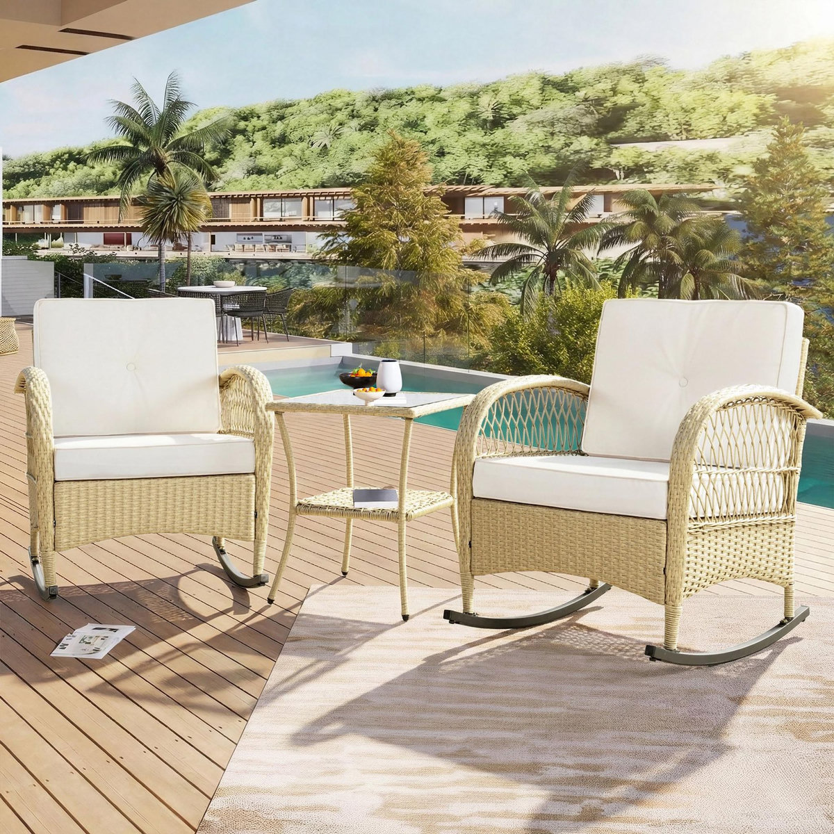 MERAX Salon de jardin 2 places avec 2 fauteuils bascule et table verre trempé