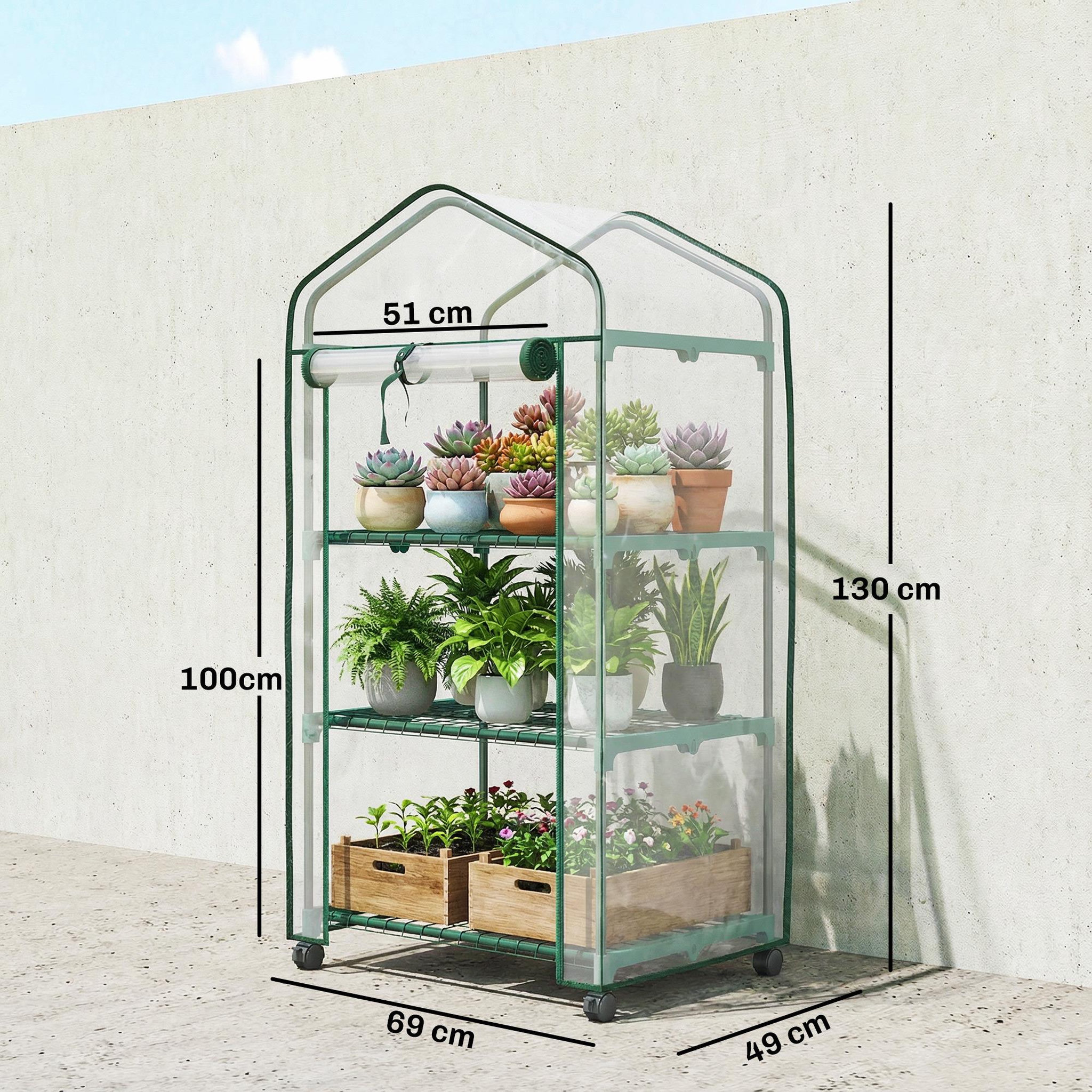 Voir la diapositive 3 : OUTSUNNY Mini serre de jardin 3 étagères porte enroulable 4 roulettes pe transparent