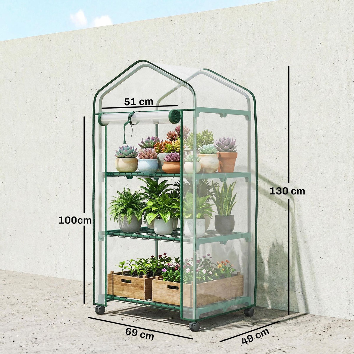 OUTSUNNY Mini serre de jardin 3 étagères porte enroulable 4 roulettes PE transparent