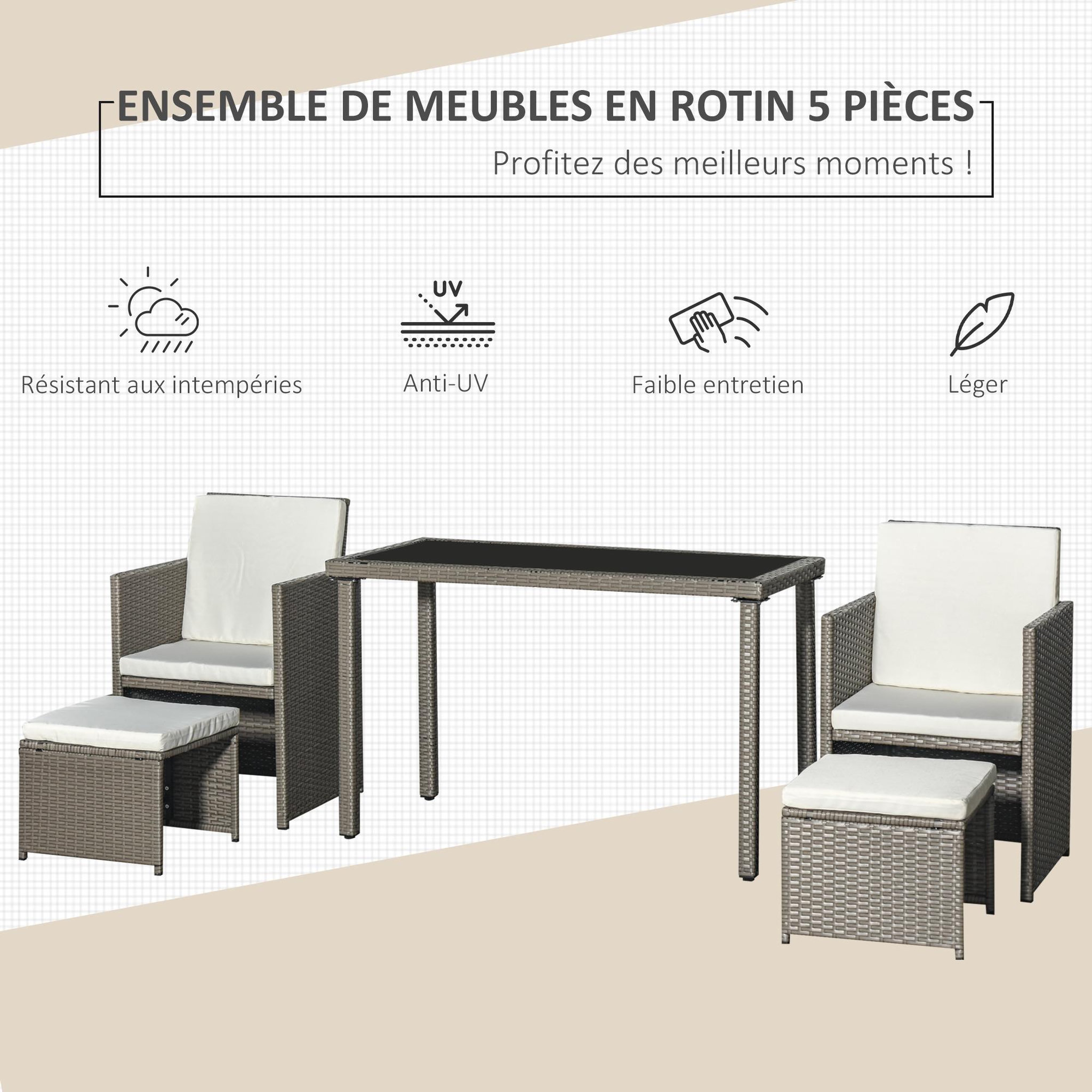 Voir la diapositive 4 : OUTSUNNY Outsunny Ensemble salon de jardin encastrable 2 fauteuils monoblocs + 2 tabourets + table basse résine tressée coussins déhoussables crème gris