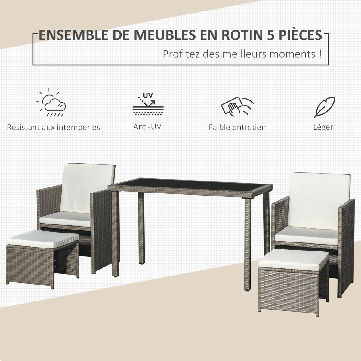 OUTSUNNY Outsunny Ensemble salon de jardin encastrable 2 fauteuils monoblocs + 2 tabourets + table basse résine tressée coussins déhoussables crème gris