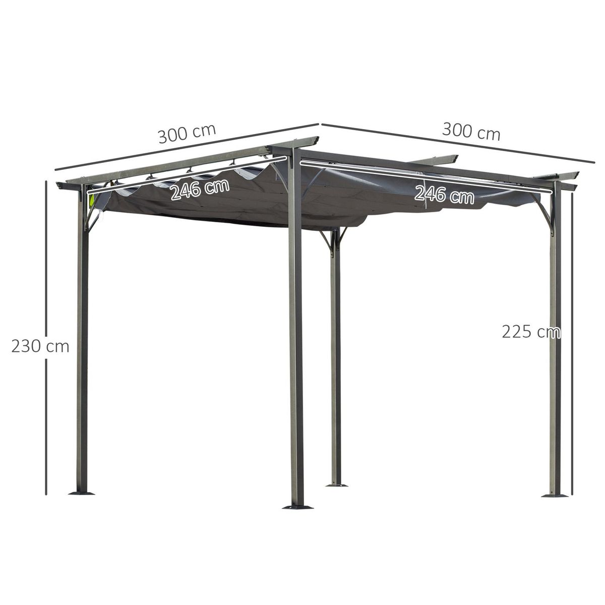 OUTSUNNY Pergola rétractable 3L x 3l x 2,30H m structure métal époxy anticorrosion noire + toile polyester haute densité 180 g/m² incluse gris