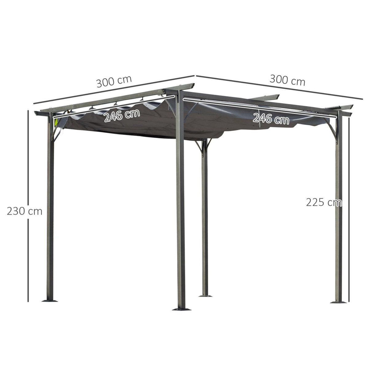OUTSUNNY Pergola rétractable 3L x 3l x 2,30H m structure métal époxy anticorrosion noire + toile polyester haute densité 180 g/m² incluse gris