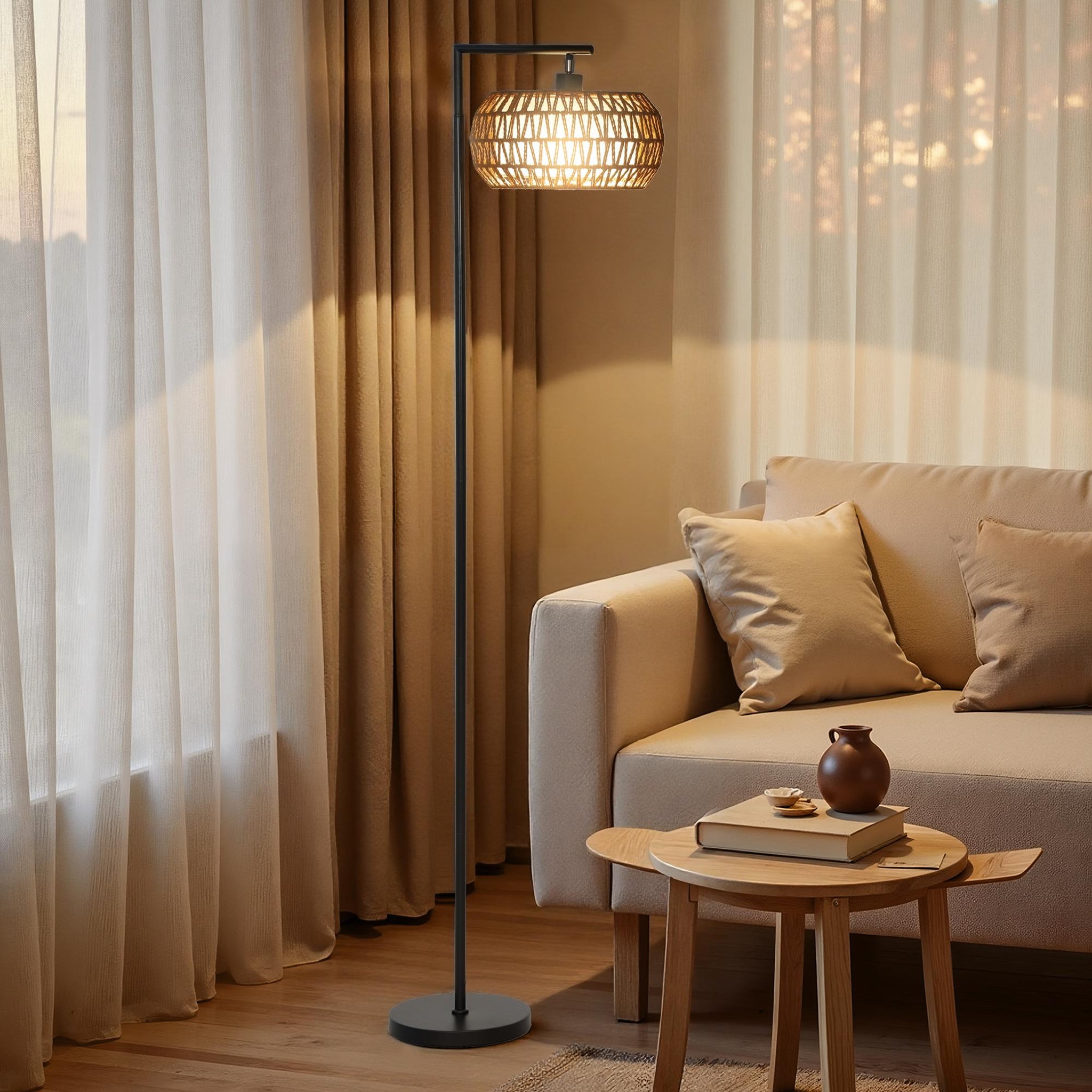 Voir la diapositive 4 : HOMCOM Lampadaire sur pied style bohème h.170cm métal noir abat-jour cloche tissu tressé