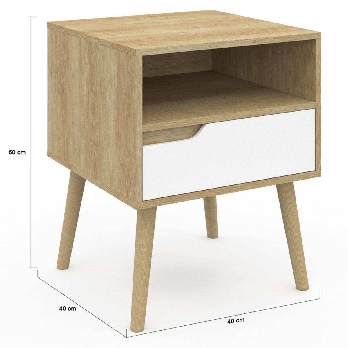 ID MARKET Lot de 2 tables de chevet HELSINKI scandinaves 1 tiroir avec niche effet hêtre et blanc