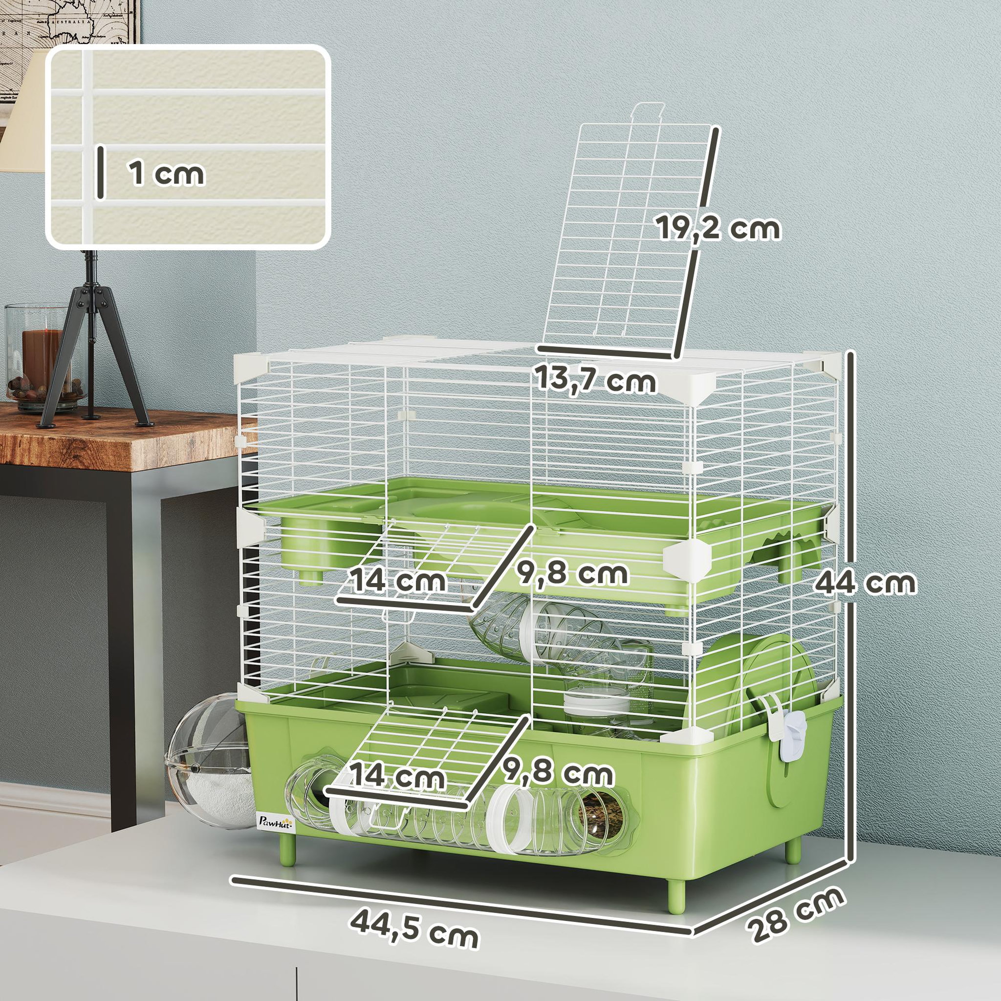 Voir la diapositive 3 : PAWHUT Cage pour hamster 2 niveaux roue sphère bac à sable tuyaux biberon eau dim. 44,5 x 28 x 44 cm blanc vert