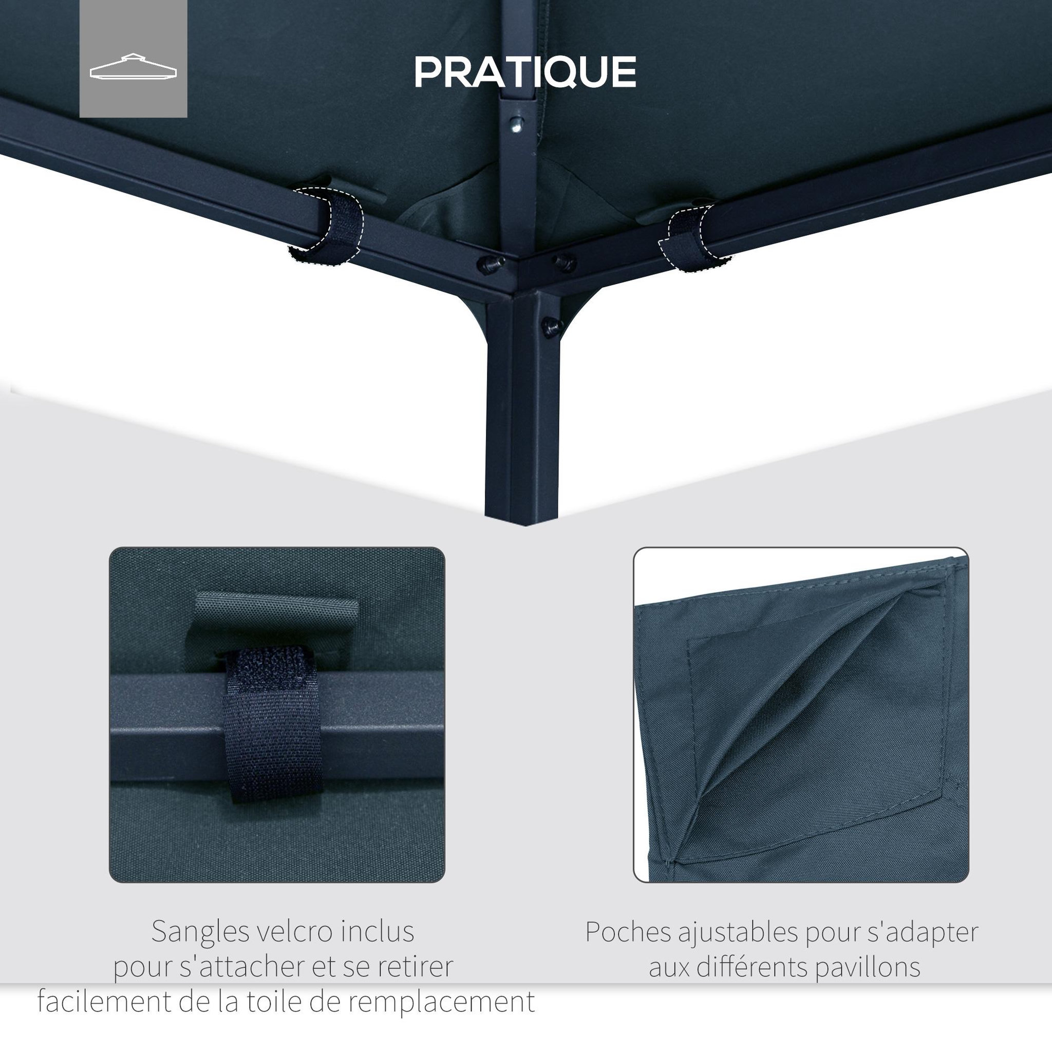 Voir la diapositive 5 : OUTSUNNY Toile de rechange pour pavillon tonnelle tente 3 x 3 m polyester haute densité 180 g/m² revêtement PA anti-UV gris