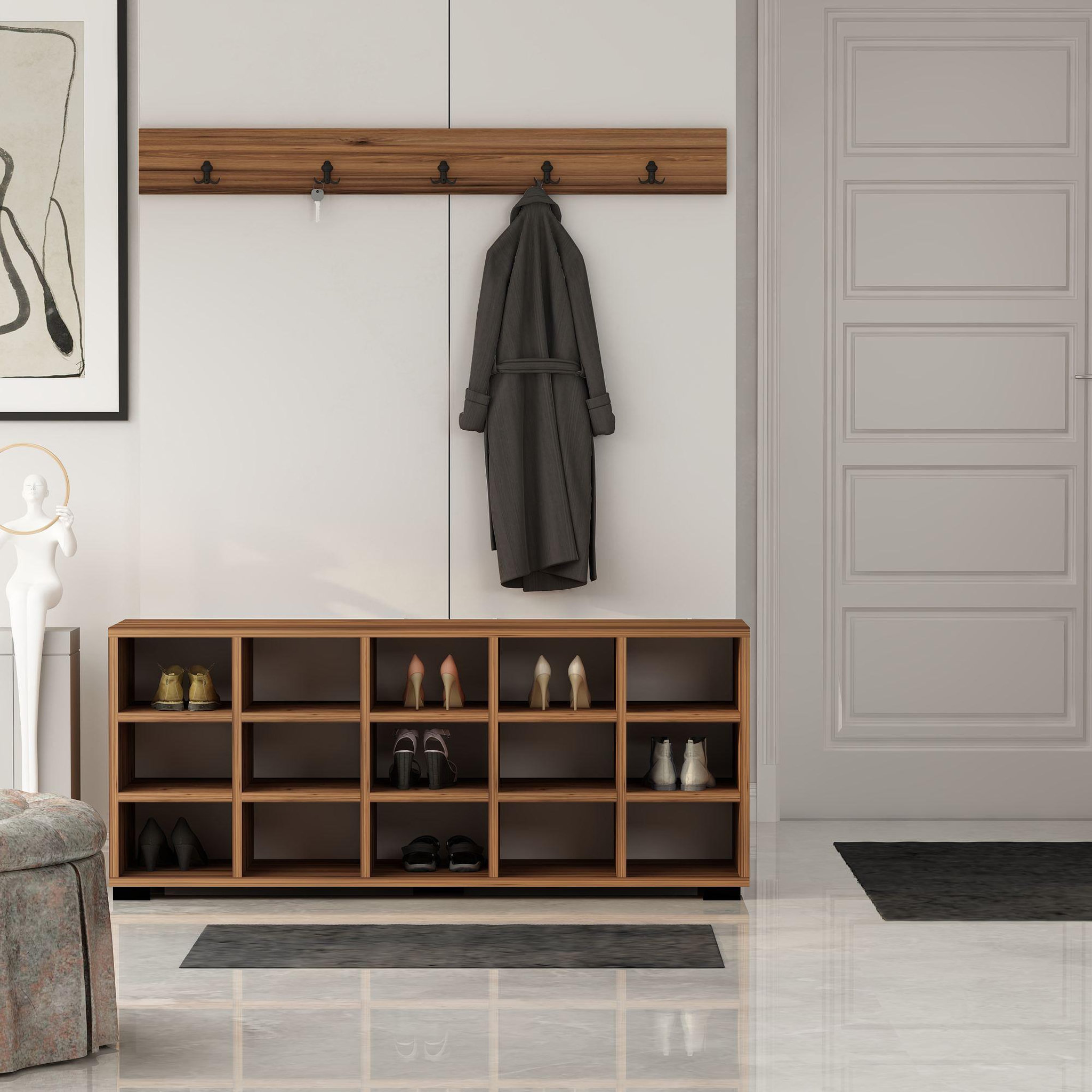 Voir la diapositive 2 : Habitat et Jardin Meuble à chaussures avec porte manteau en bois  talu  - 120 x 30 x 52 cm - marron