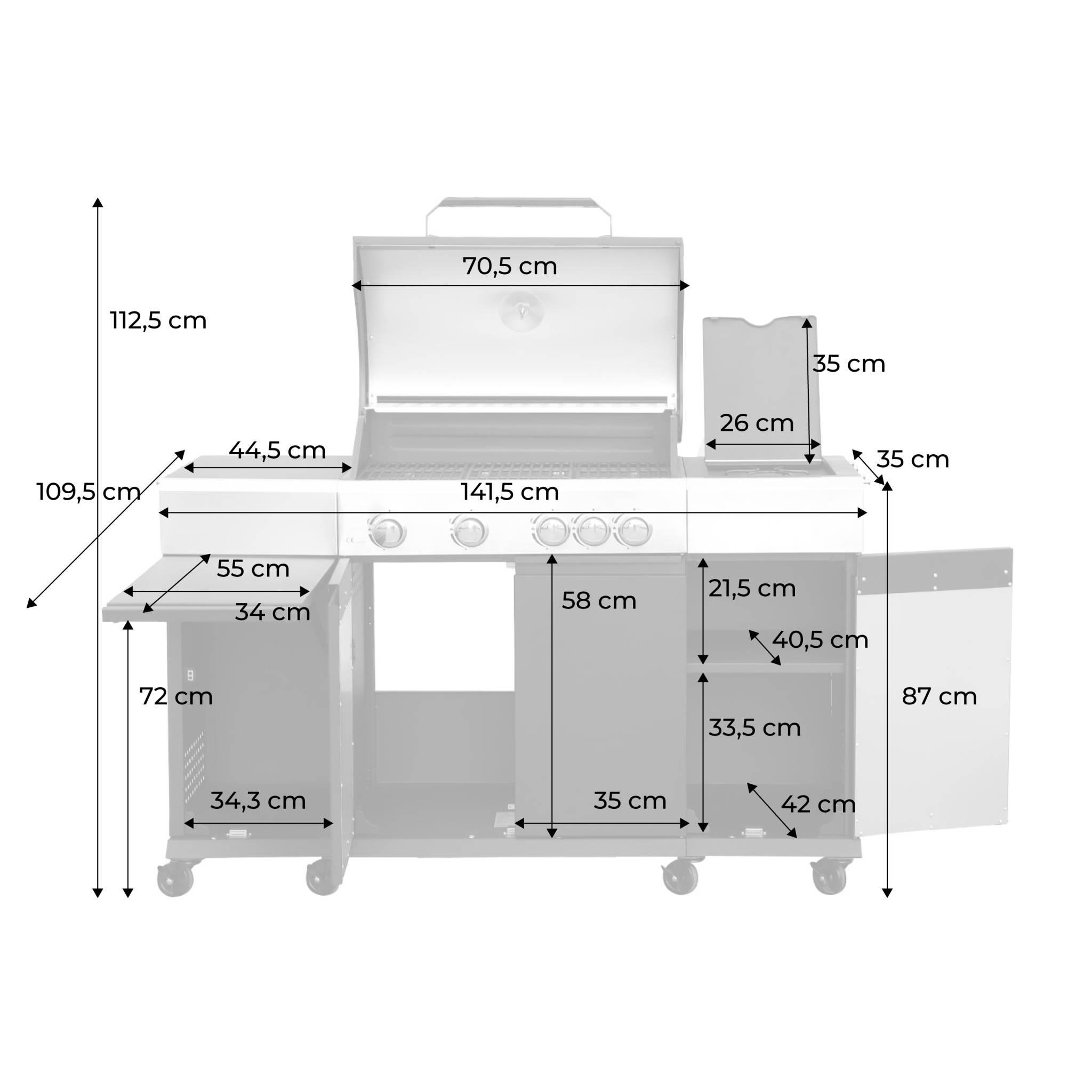 Voir la diapositive 2 : SWEEEK Barbecue gaz 4 brûleurs + 1 feu latéral MAXIM noir. Acier. thermomètre intégré. récupérateur de graisse. grille de chauffe. L 145.5 x P 61.5 x H 143.5cm