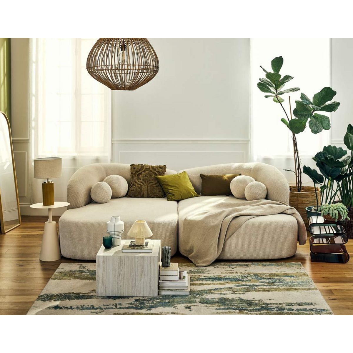 LISA DESIGN Charles - canapé droit 4 places avec double méridienne - assise profonde - en velours texturé