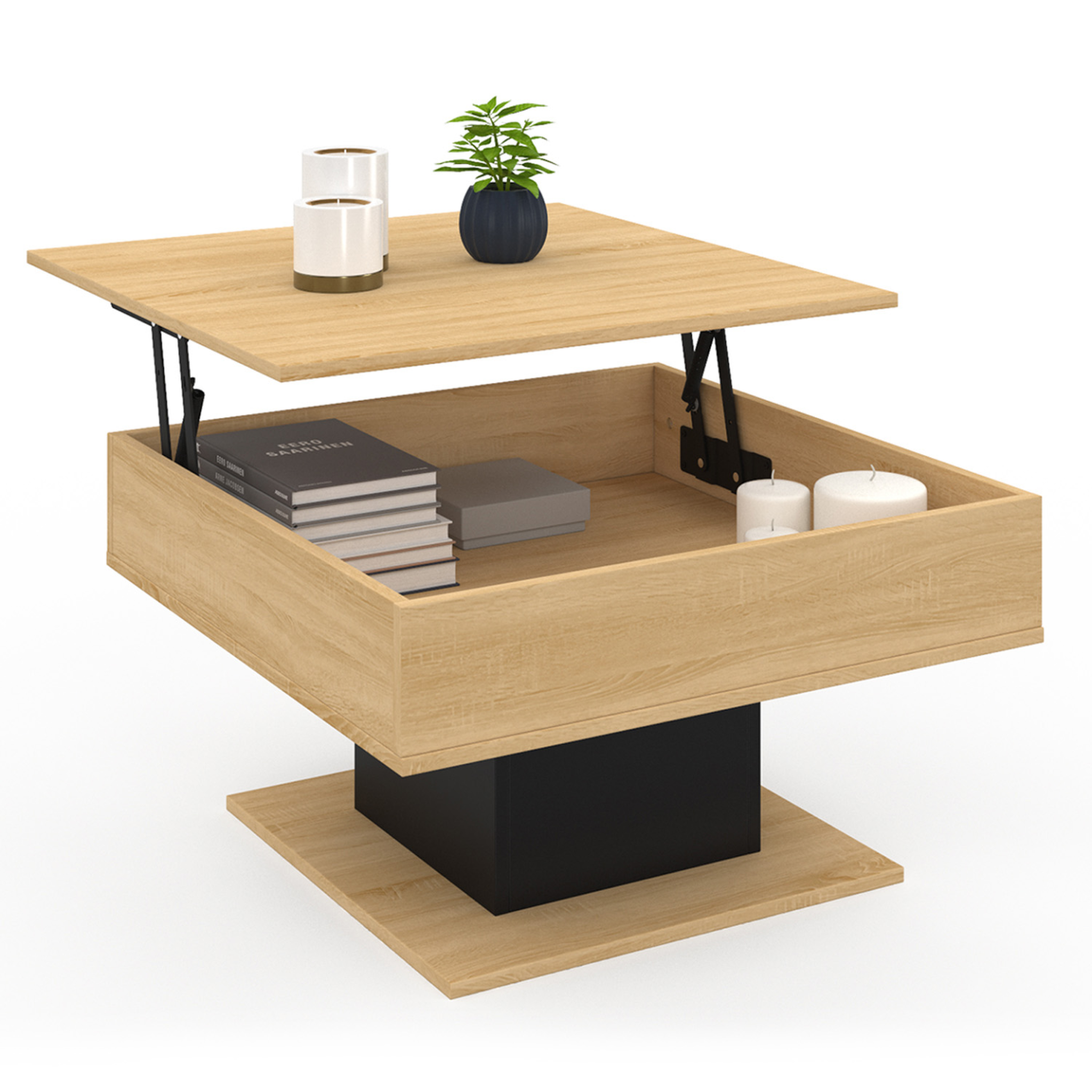 ID MARKET Table basse plateau relevable eden carrée bois et noir