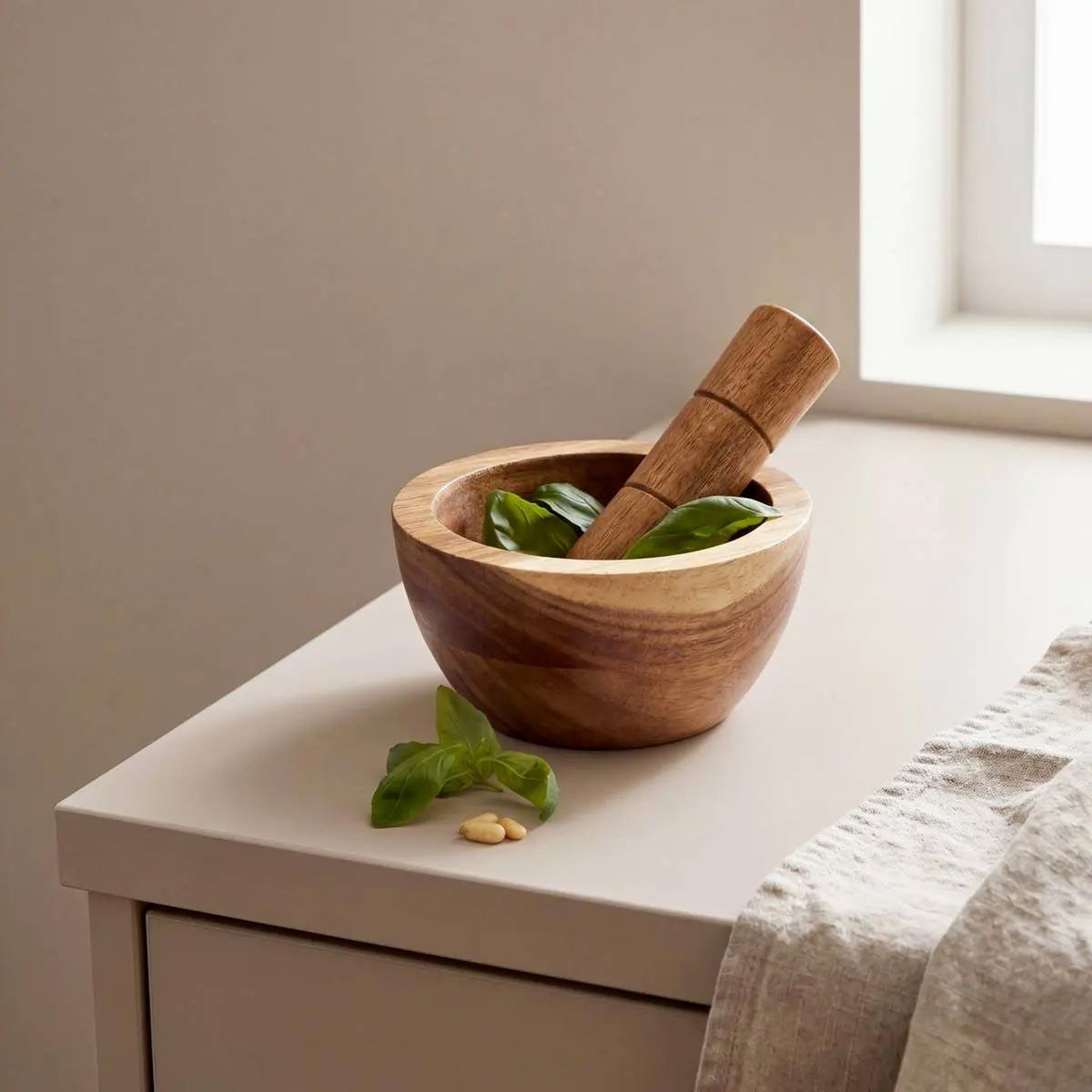Voir la diapositive 4 : FIVE Mortier avec pilon en bois  acacia  12cm