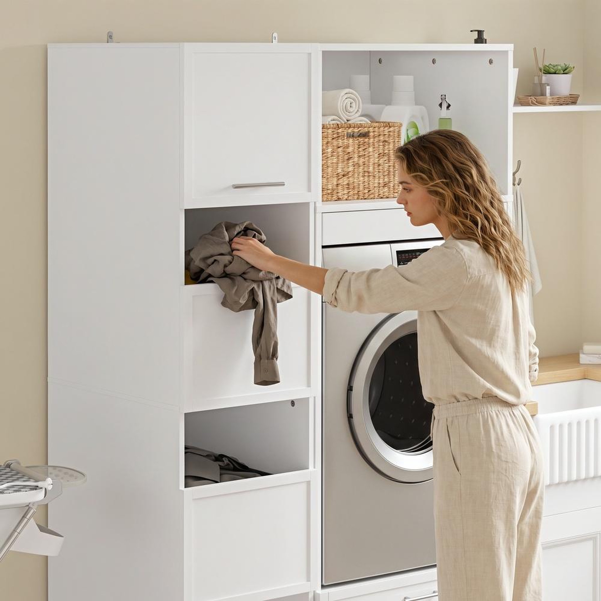 Voir la diapositive 6 : SOBUY Armoire de rangement linge 4 portes et 3 compartiments ouverts couleur blanc 60x40x186.4cm