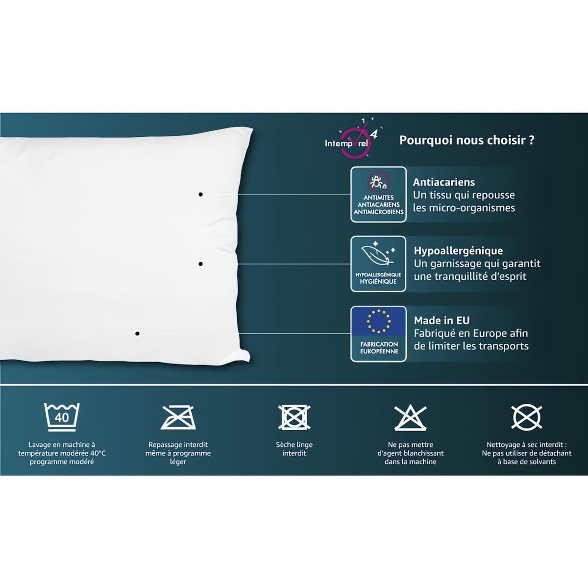 Intemporel Oreiller confort anti-acarien, par Intemporel
