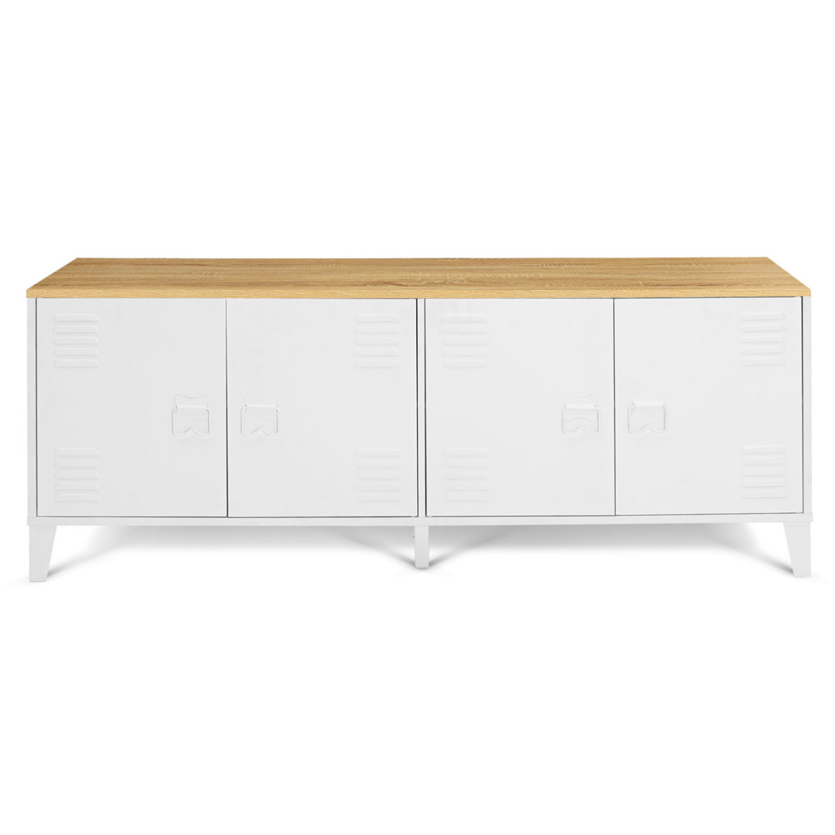 ID MARKET Buffet bas 140 cm ESTER 4 portes métal blanc plateau bois design industriel