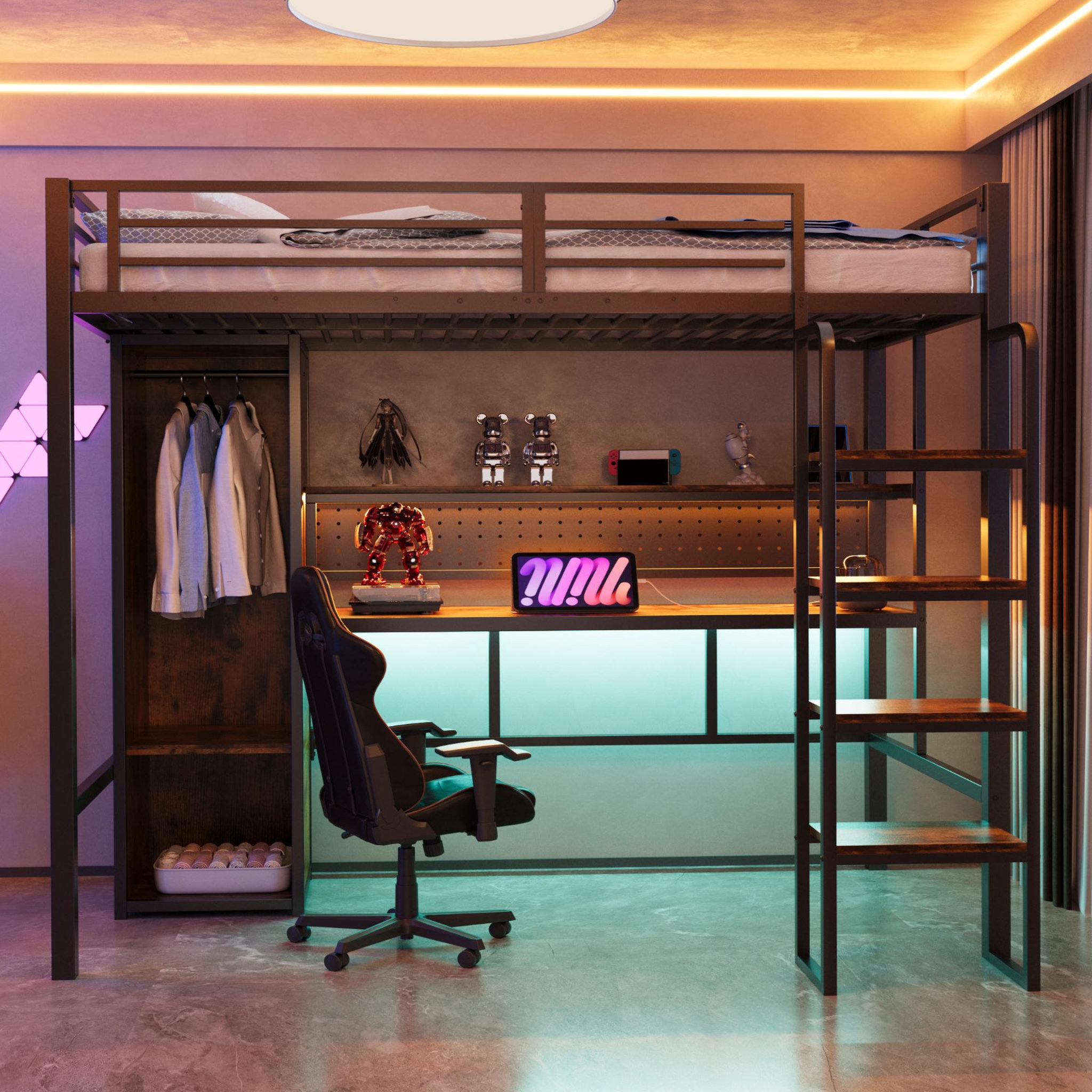 Voir la diapositive 2 : MERAX Lit mezzanine 90x200 cm coloris noir led métal