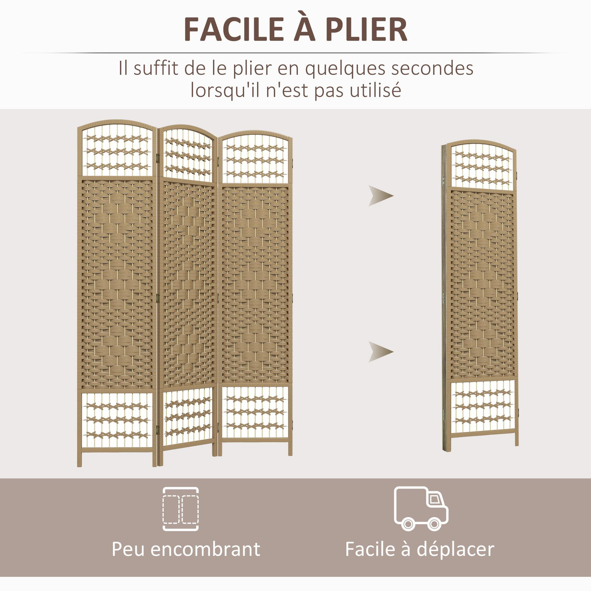 Voir la diapositive 4 : HOMCOM Paravent intérieur 3 panneaux pliables séparateur de pièce bois de peuplier bambou fibres de papier tressée coloris naturel