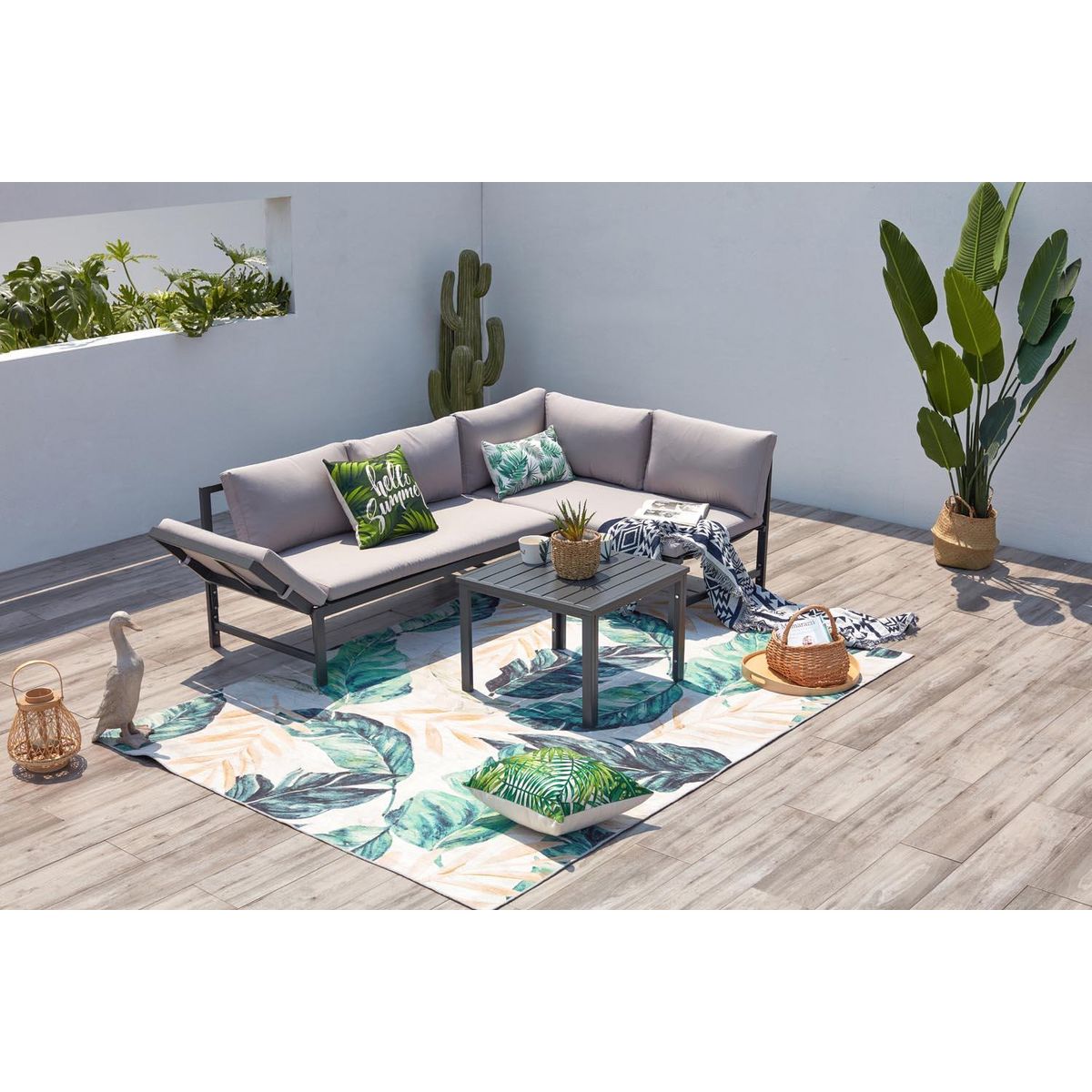 CONCEPT USINE Salon de jardin bas 4 places gris clair KATEA