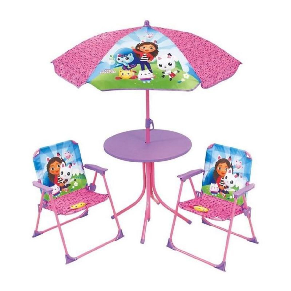 Fun House Mobilier de jardin - FUN HOUSE - Salon de jardin Gabby et la Maison Magique Table 46 x 46 cm 2 chaises pliantes parasol 125 x 10