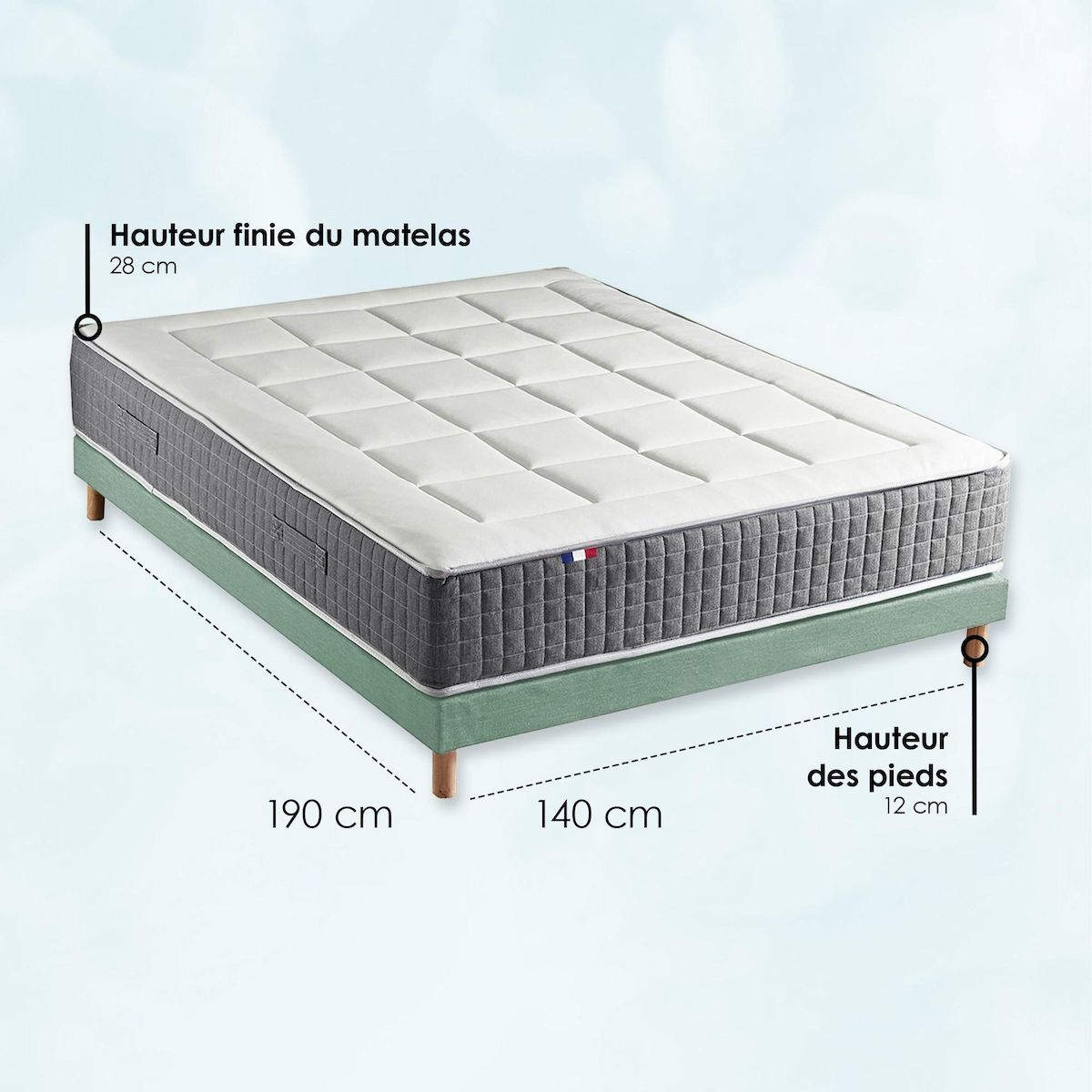 IDLITERIE Ensemble Matelas Ressort 7 zones H.28cm + Sommier + couette + oreillers Fabriqué en France MAX