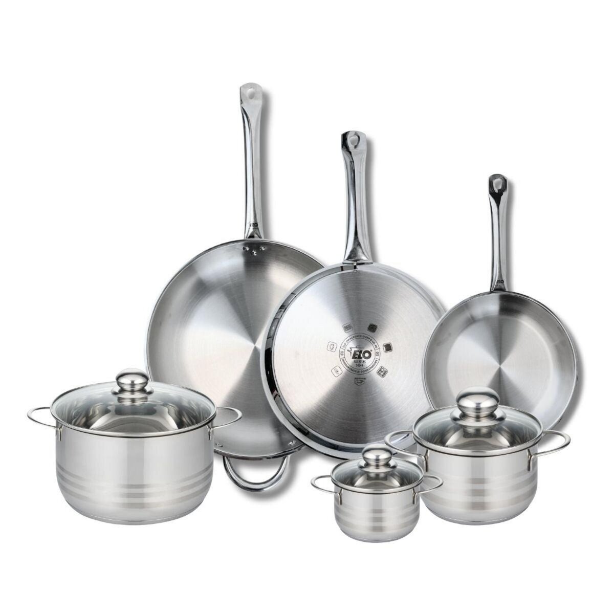 ELO Ensemble de 3 Poêles de cuisson 24, 28 et 32 cm et 3 faitouts 12, 16 et 20 cm Elo Profi Brillant