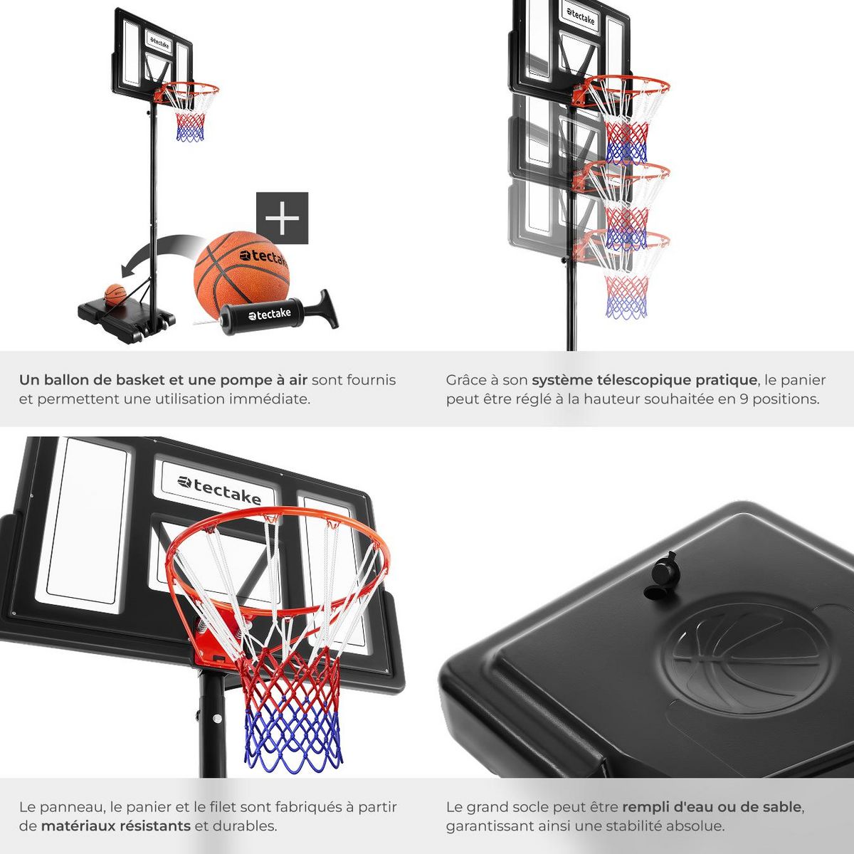 tectake Panier de basket avec ballon et pompe inclus noir