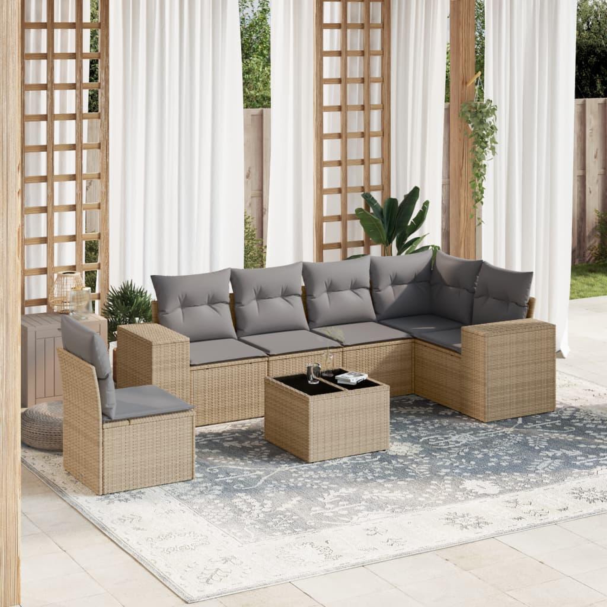 VIDAXL Salon de jardin avec coussins 7 pcs beige resine tressee