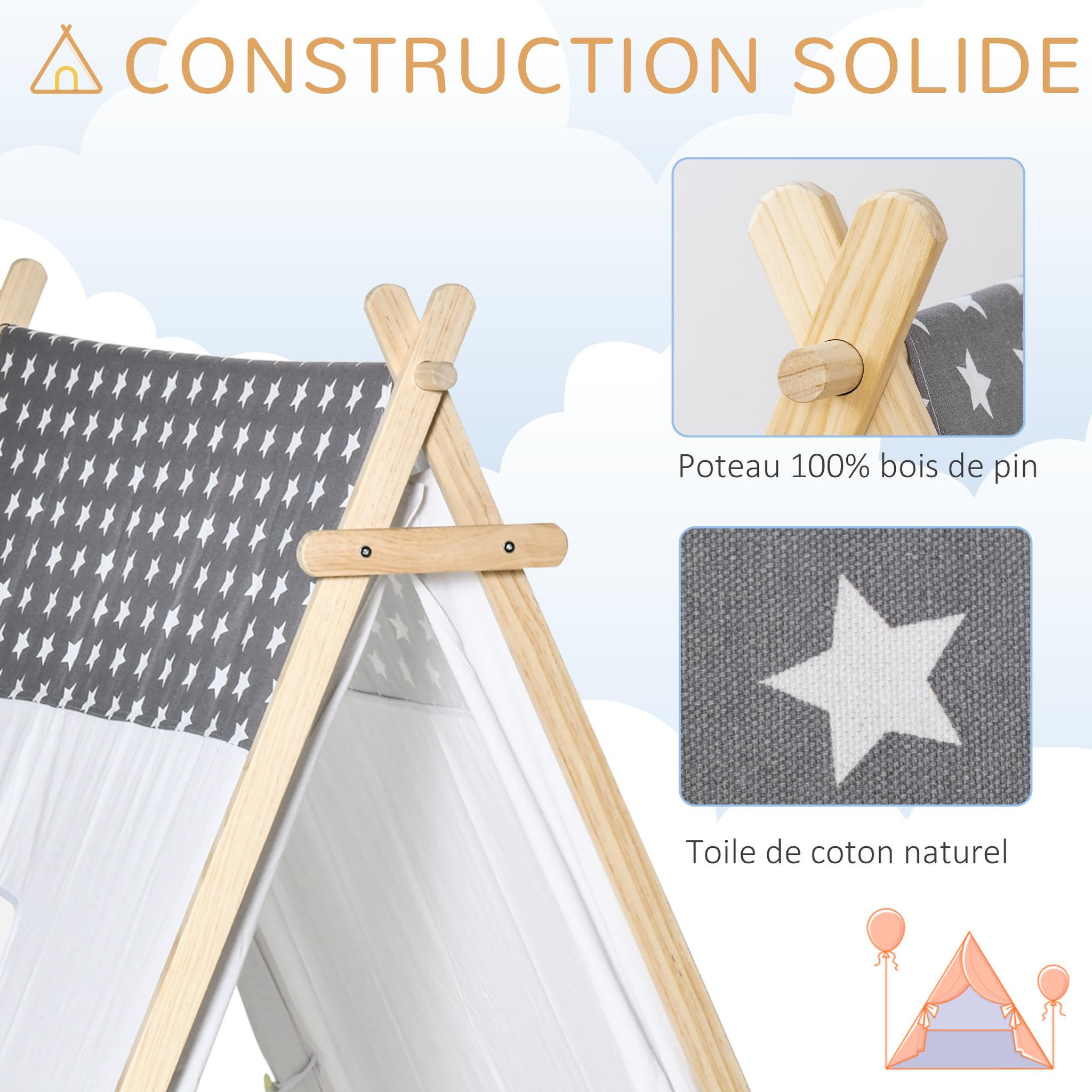 Voir la diapositive 4 : HOMCOM Tente teepee indien enfant motif étoiles - dim. 1,3L x 1,11I x 1,36H m - 2 portes refermables, fenêtre - structure bois, toile polyester coton gris blanc
