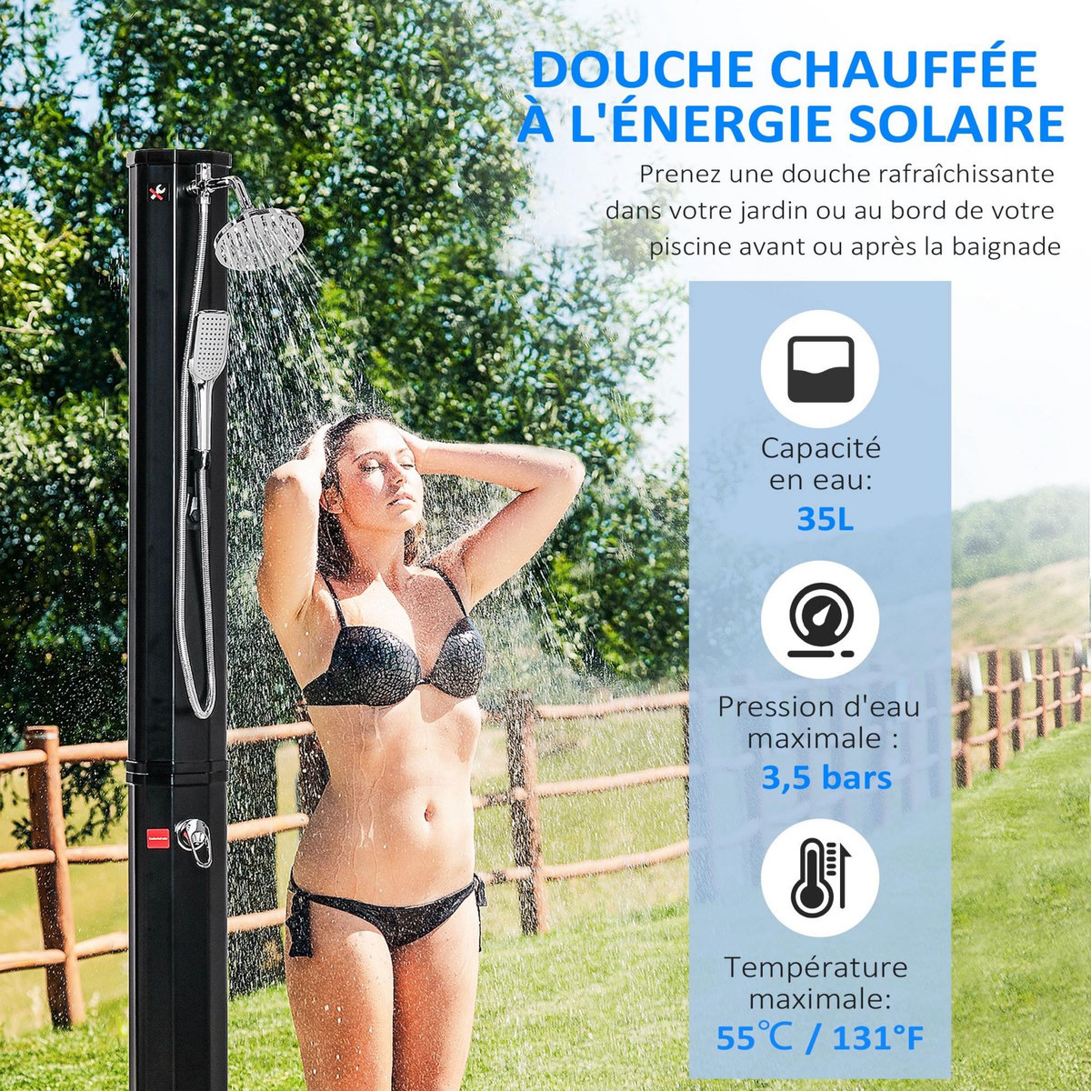 OUTSUNNY Douche solaire d'extérieur réservoir 35L pression max. 3,5 bar noir