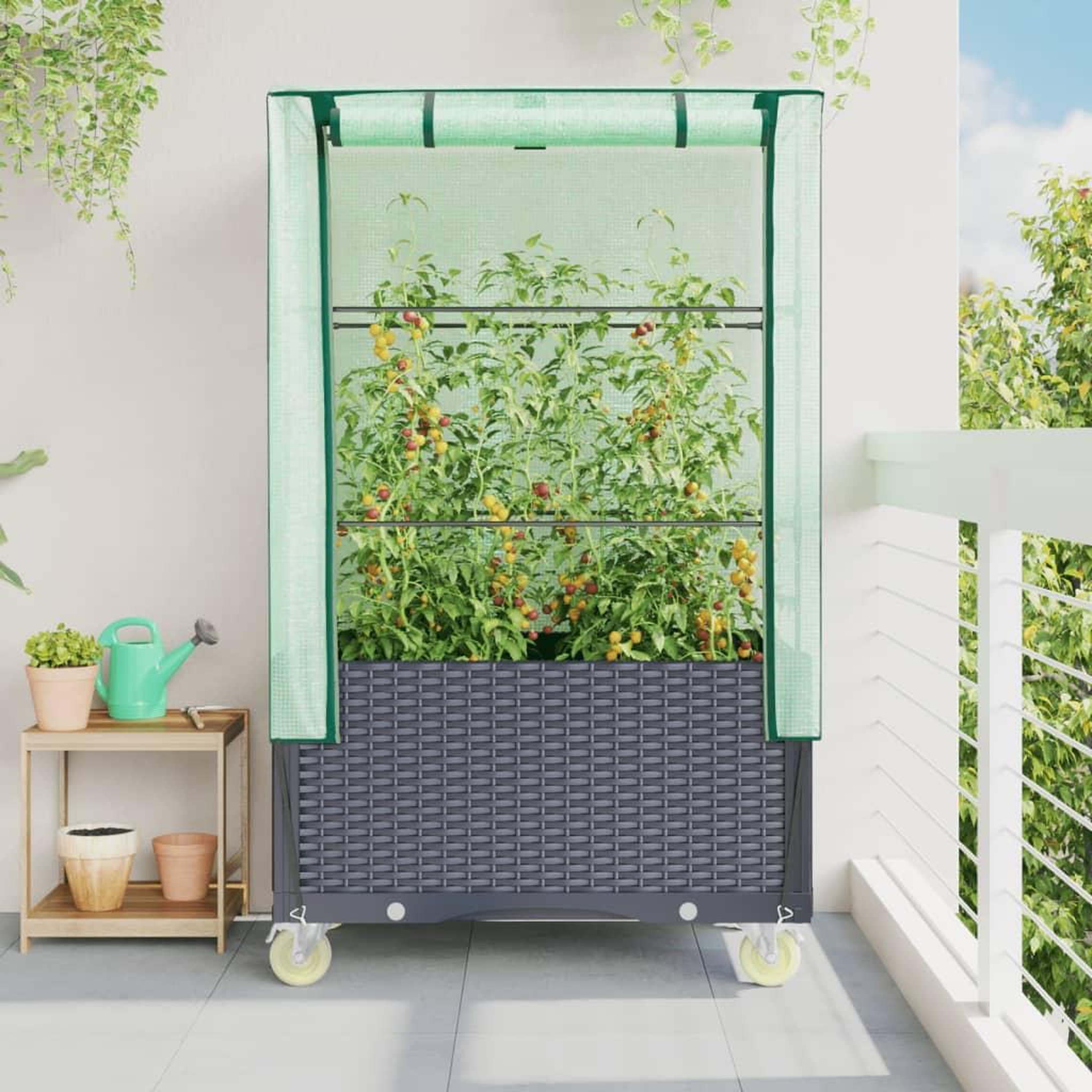 Voir la diapositive 3 : VIDAXL Jardiniere surelevee avec housse et roues aspect rotin