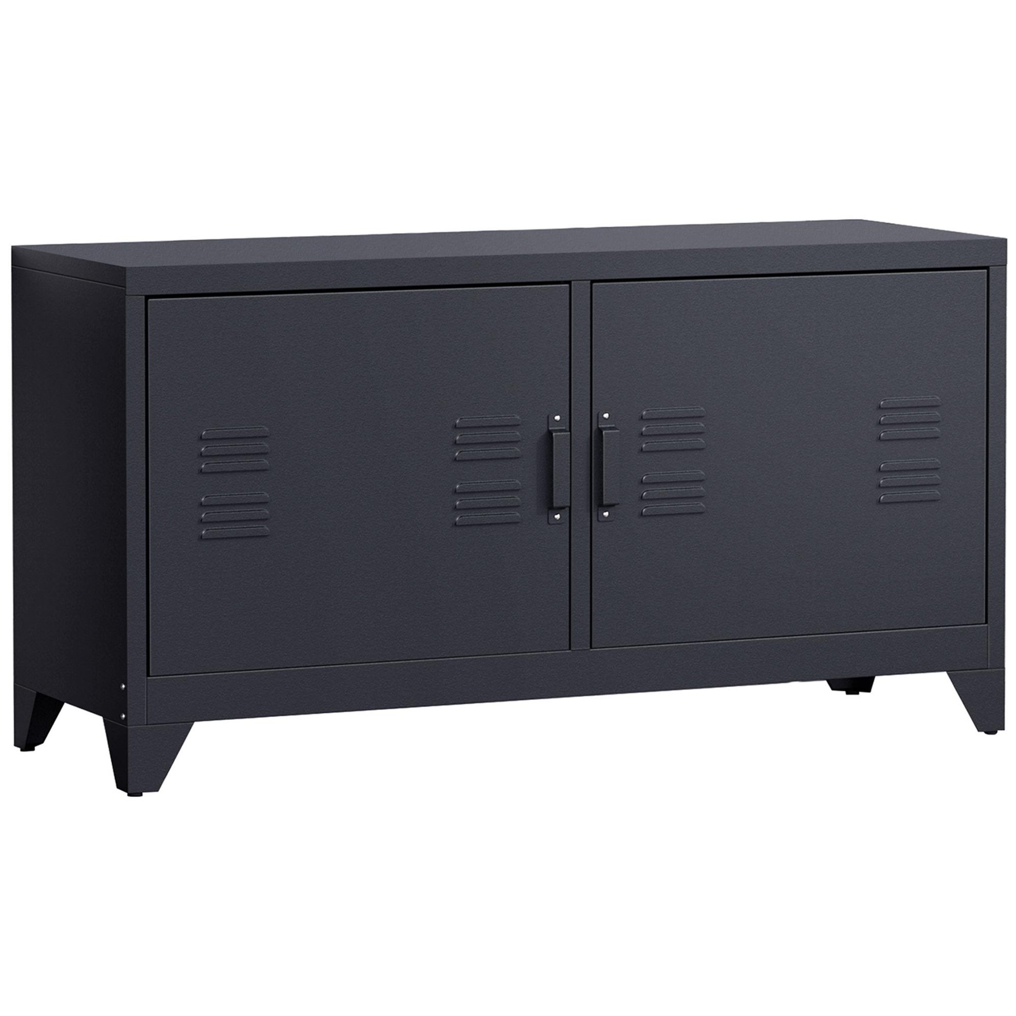 Voir la diapositive 1 : HOMCOM Meuble TV banc TV design industriel - 2 placards, 2 étagères, 4 passe-fils - tôle métal noir