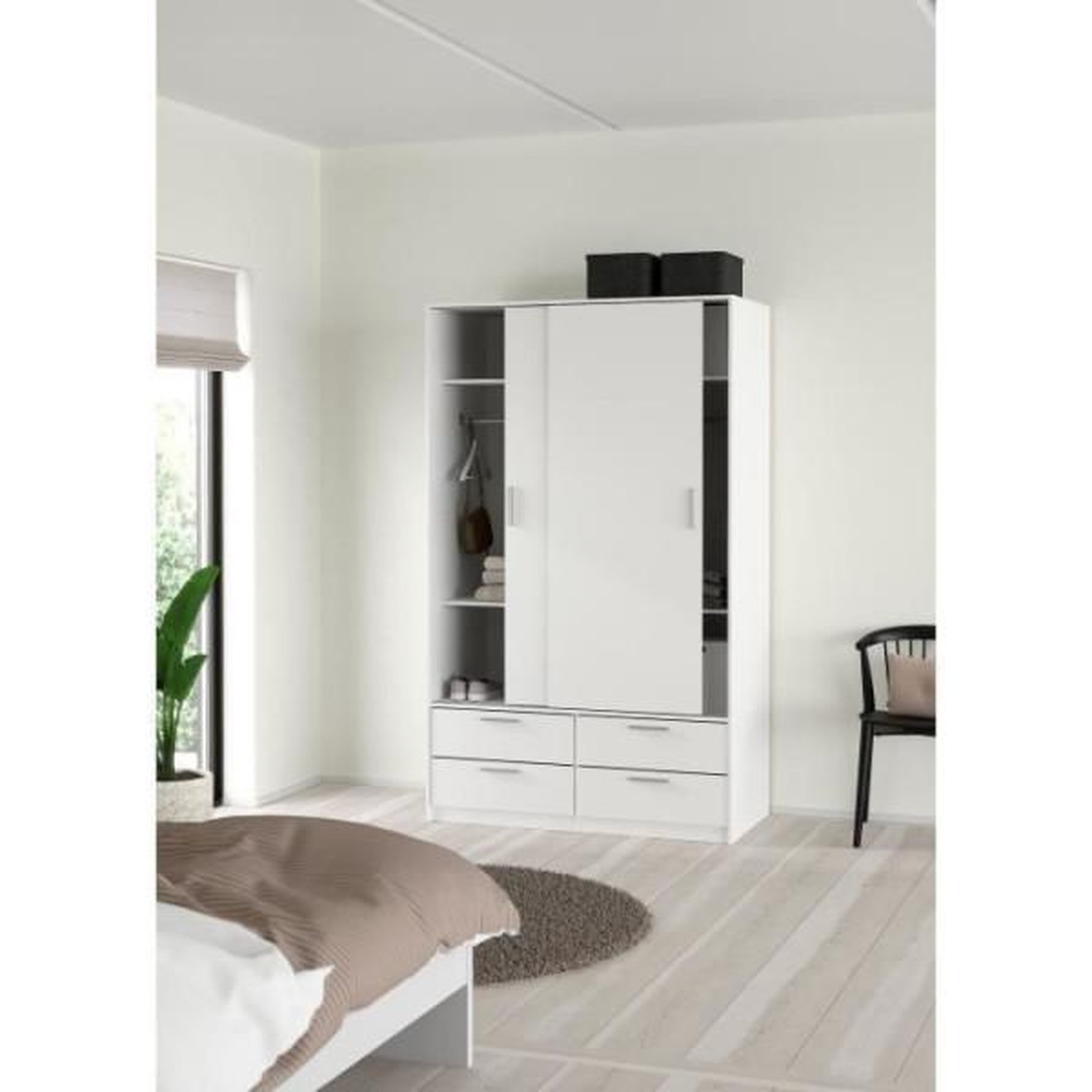 Voir la diapositive 2 : MARKET24 Armoire - Blanc mat - 2 portes coulissantes - 4 tiroirs - L121,2 x P60,25 x H200 cm - ONTARIO