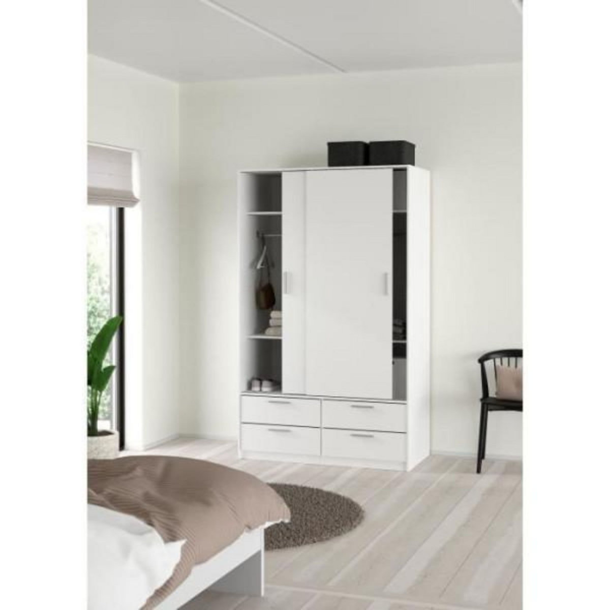 MARKET24 Armoire - Blanc mat - 2 portes coulissantes - 4 tiroirs - L121,2 x P60,25 x H200 cm - ONTARIO