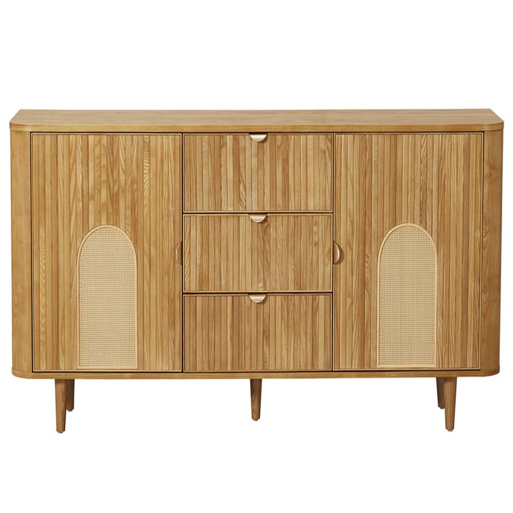 BEST MOBILIER Milazzo - buffet bas - bois plaqué chêne et cannage - 3 tiroirs et 2 portes - 160 cm. Coloris disponibles : Marron