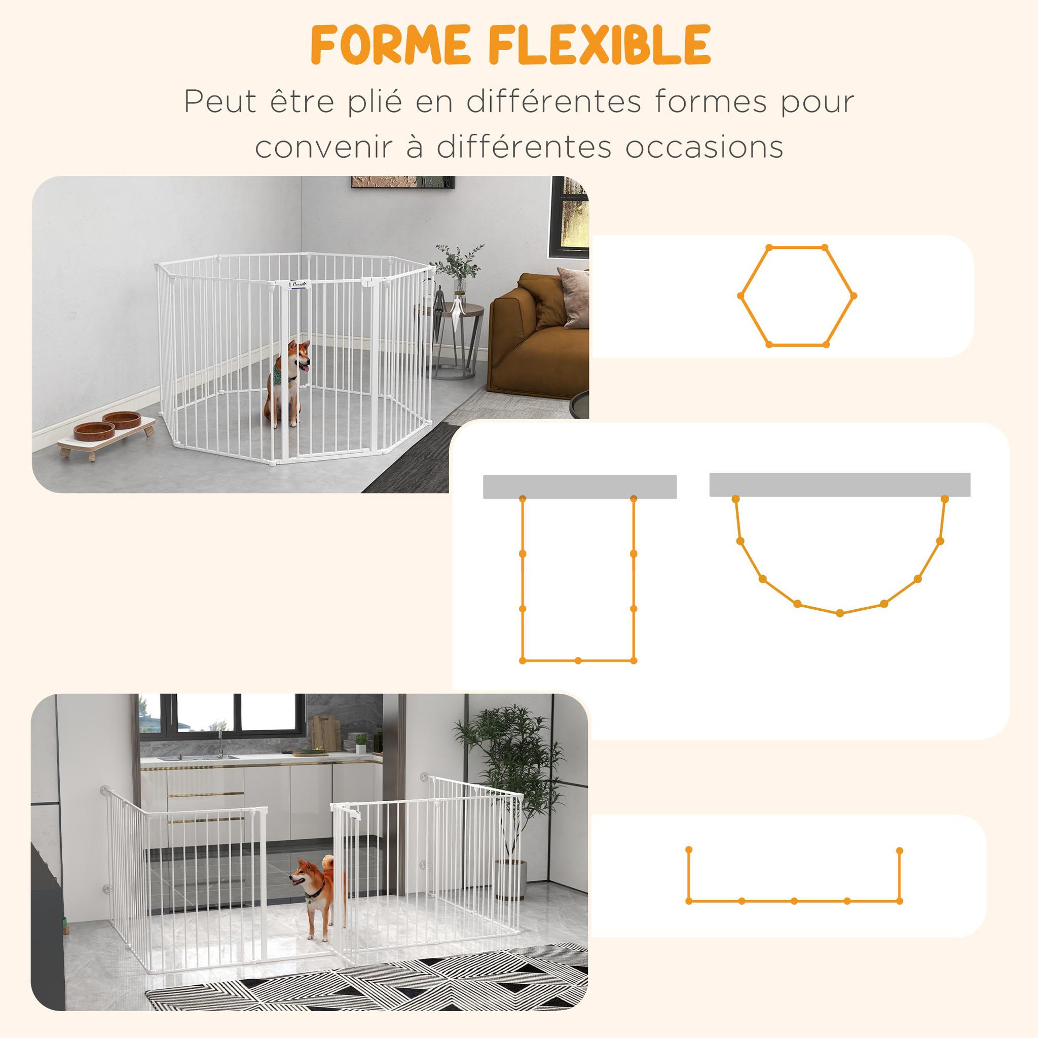Voir la diapositive 5 : PAWHUT Barrière de sécurité parc enclos chien modulable pliable porte verrouillable intégrée 8 panneaux acier PP blanc