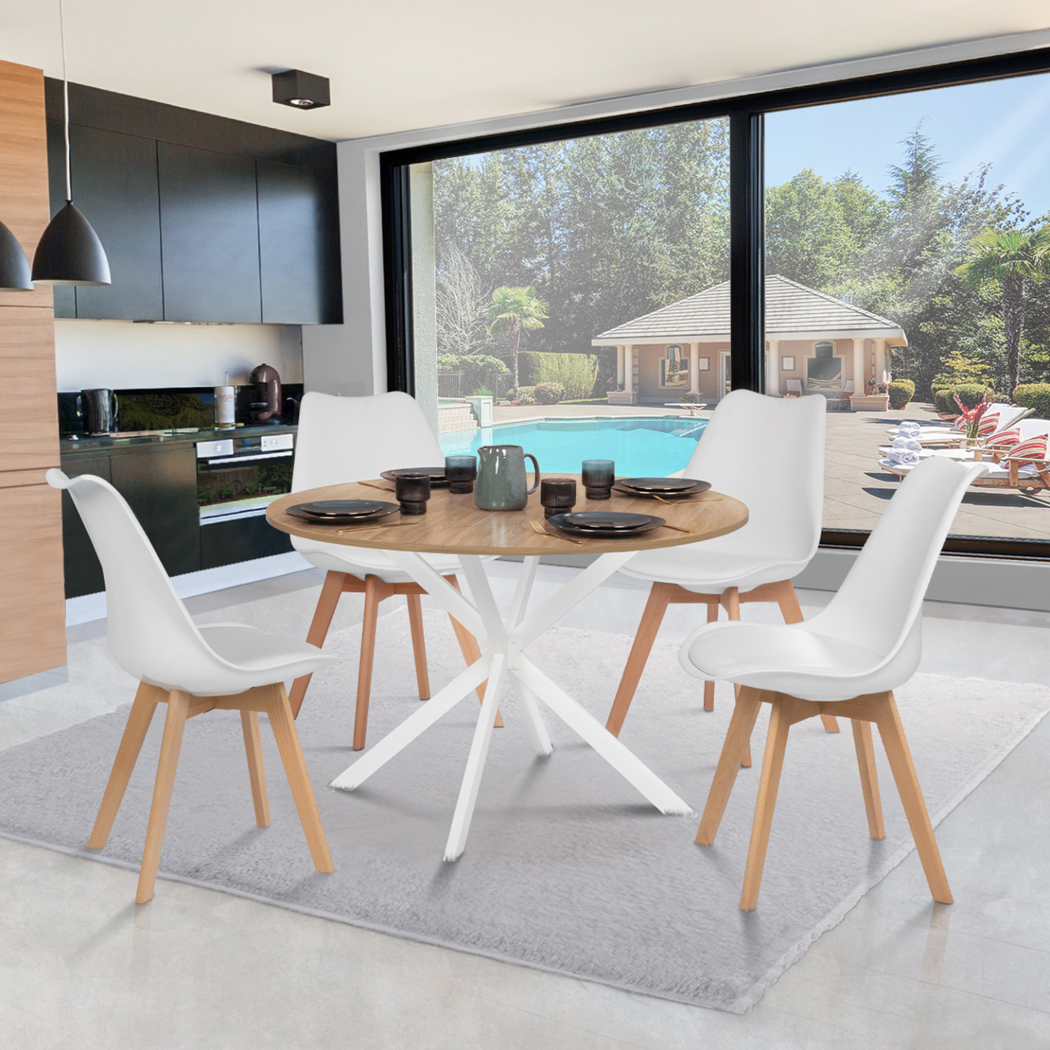 Voir la diapositive 2 : ID MARKET Table à manger ronde alix 6 personnes pied araignée bois et blanc 110 cm
