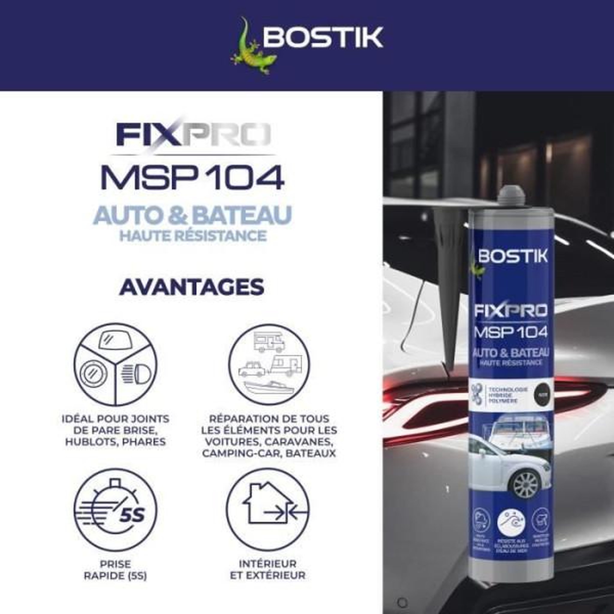 Voir la diapositive 4 : Bostik Mastic auto/bateau - BOSTIK - Fixpro MSP 104 - Colle et joint - Résiste intempéries et eau de mer - Noir - 290 ml
