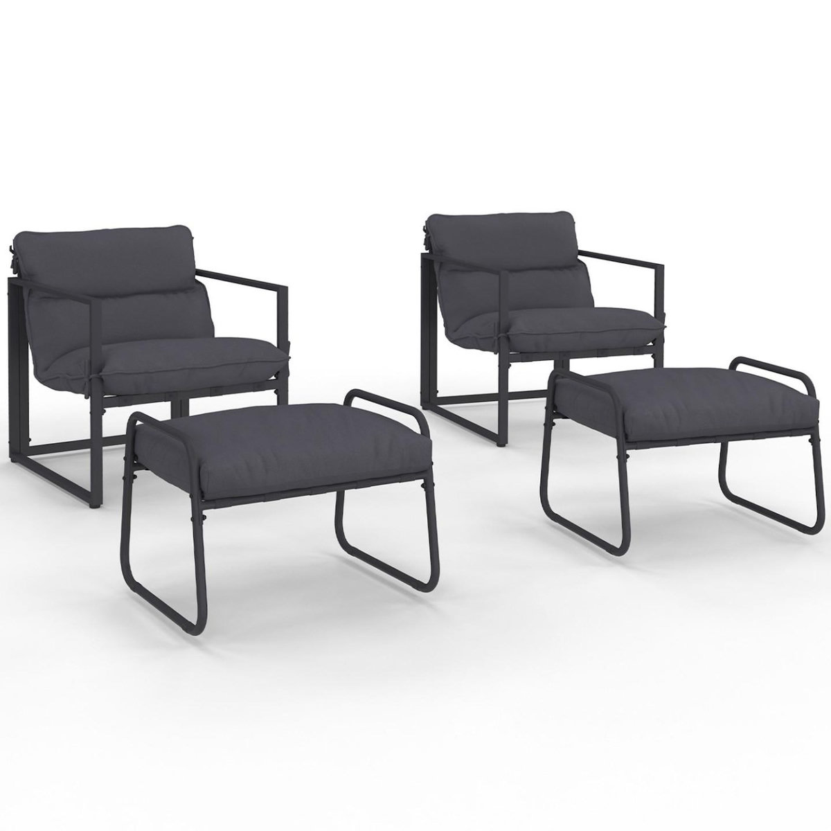 ID MARKET Lot de 2 fauteuils de jardin MARCO avec repose pieds gris coussin gris anthracite