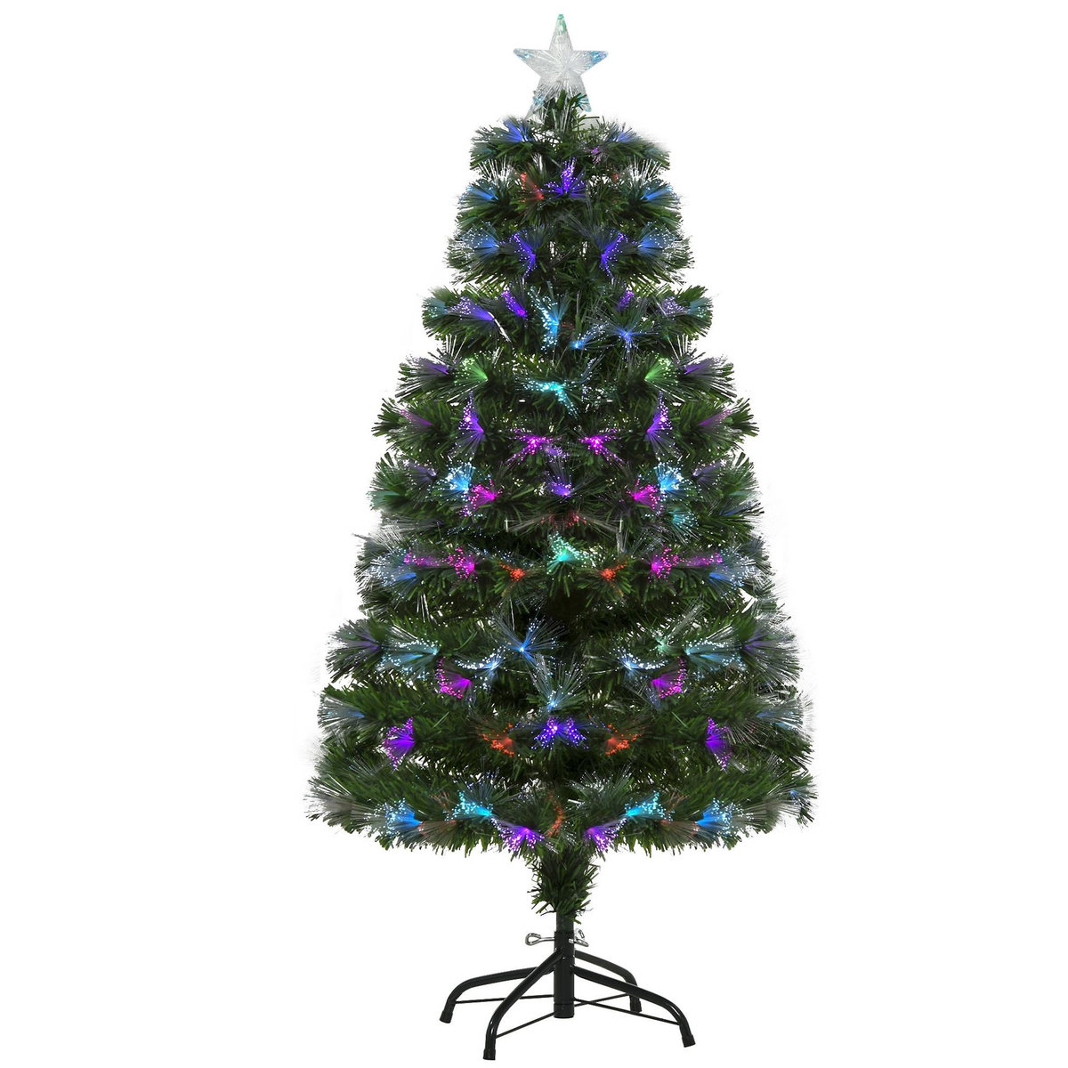 HOMCOM Sapin de Noël artificiel lumineux fibre optique LED multicolore + support pied Ø 66 x 120H cm 130 branches étoile sommet brillante vert