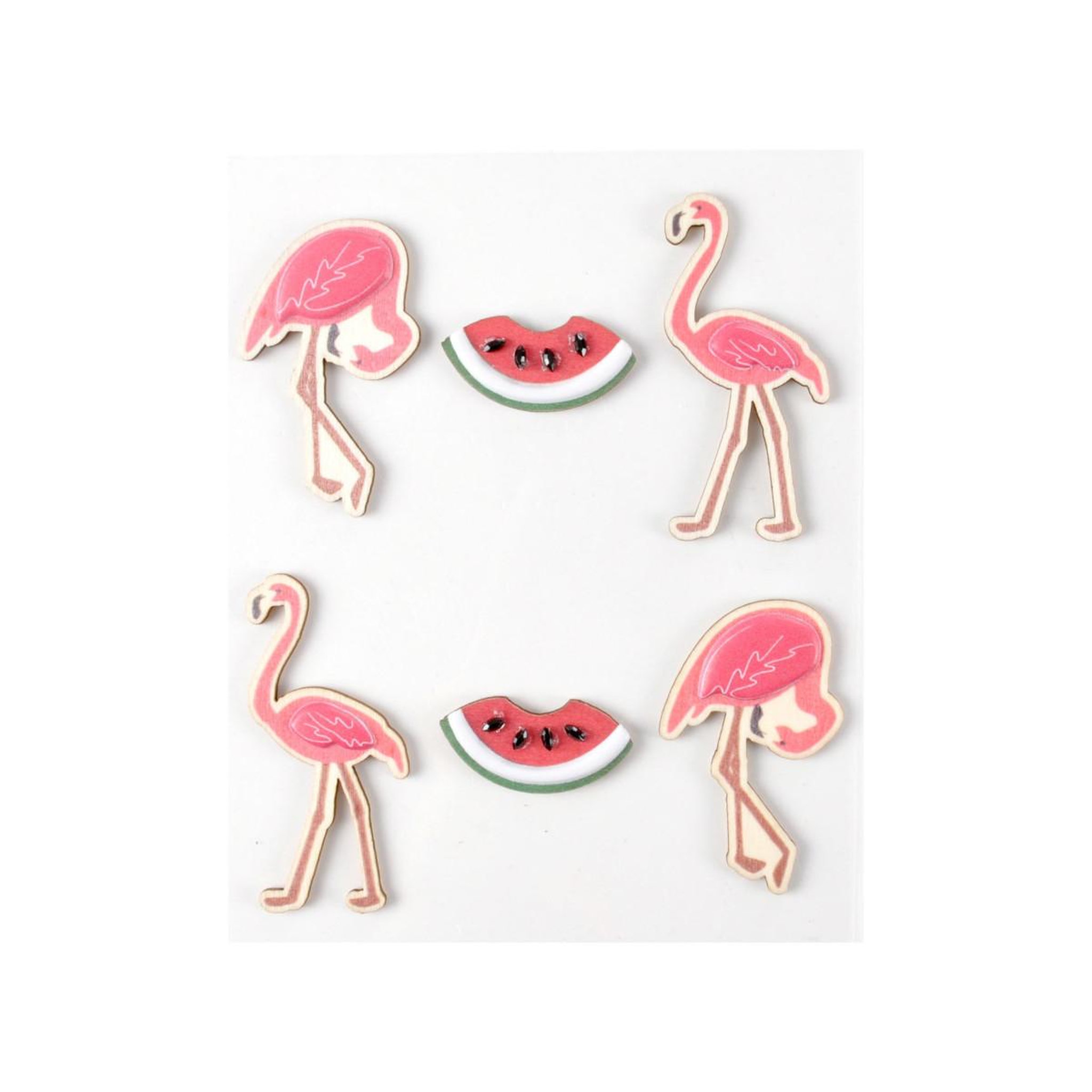 Voir la diapositive 2 : HOMEA Lot de 6 stickers en bois  flamant rose & pastèque  5cm rose