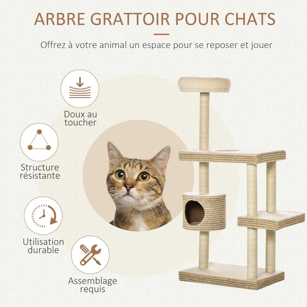 PAWHUT Arbre à chats style cosy chic H135 cm griffoirs sisal naturel niche plateformes peluche courte bicolore beige café